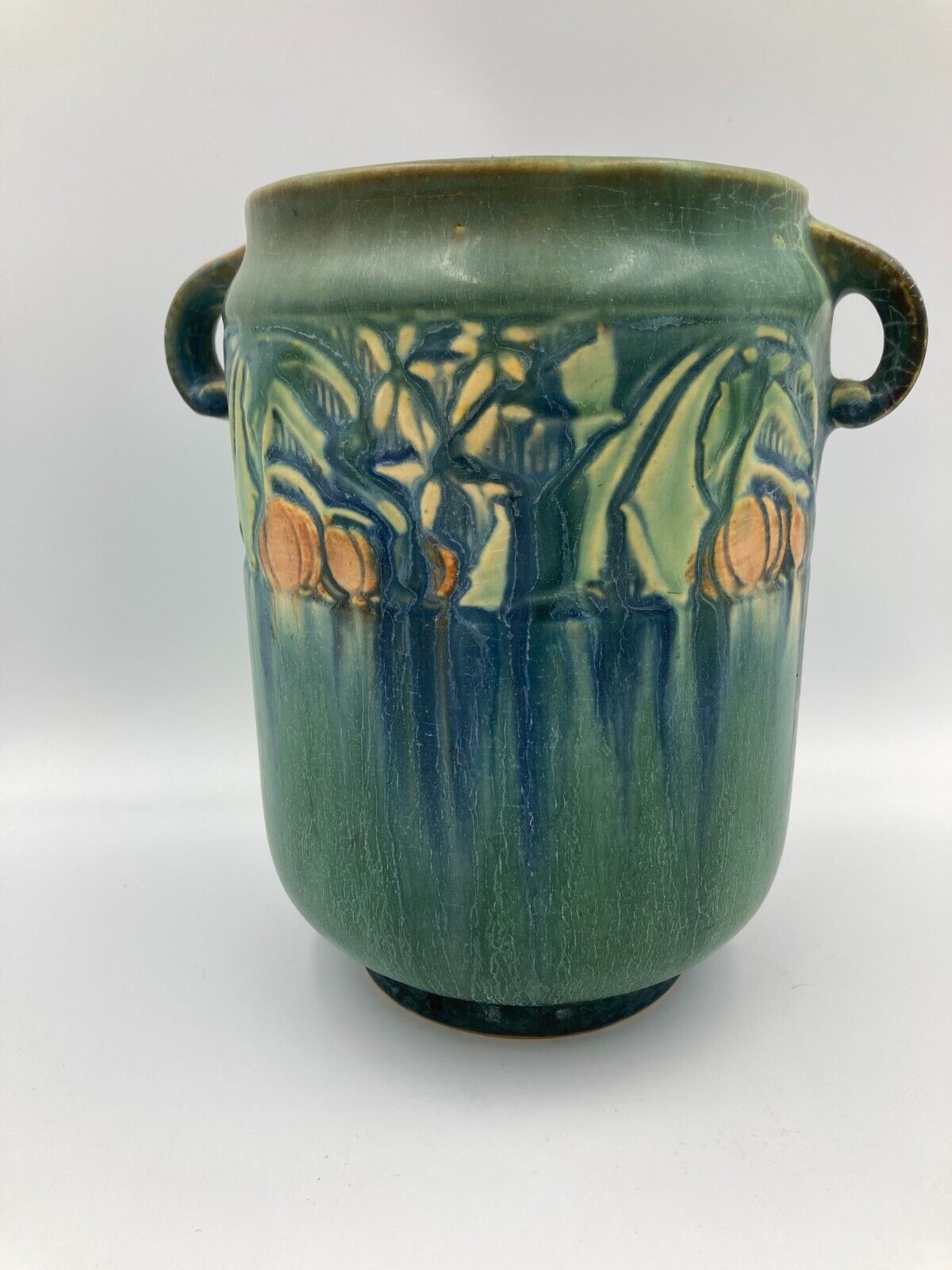 roseville baneda green handled vase - vg cond from collector estate & 