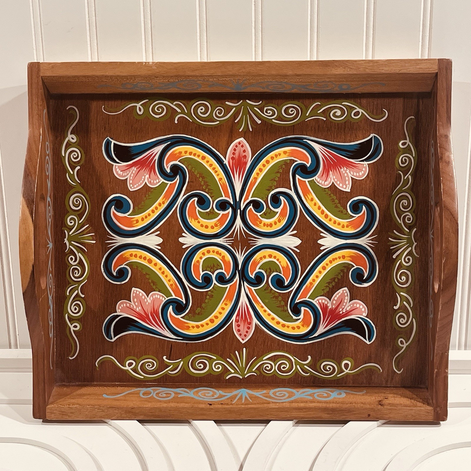 Vtg Hand Painted Wood Serving Tray Costa Rican Folk Art Tropical Tiki Boho