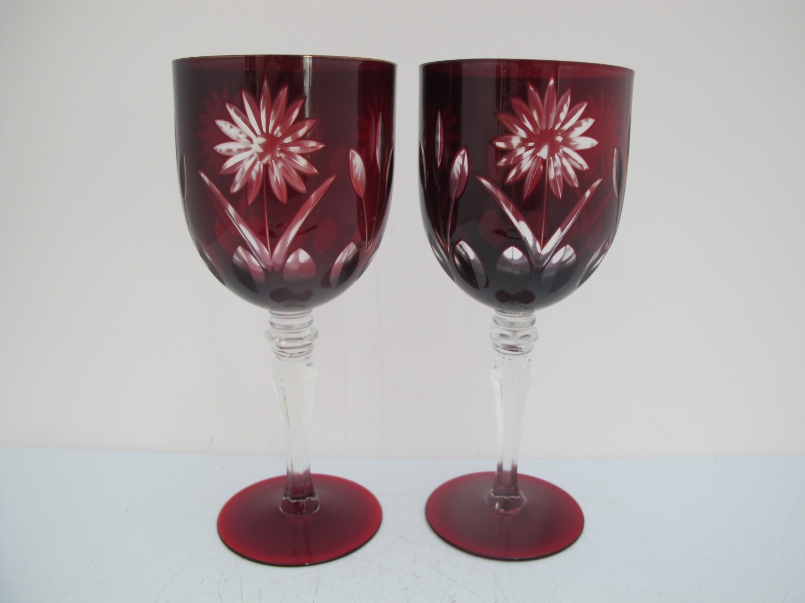Vintage BOHEMIAN Ruby Red FLOWER Cut Crystal Glass 7 3/4