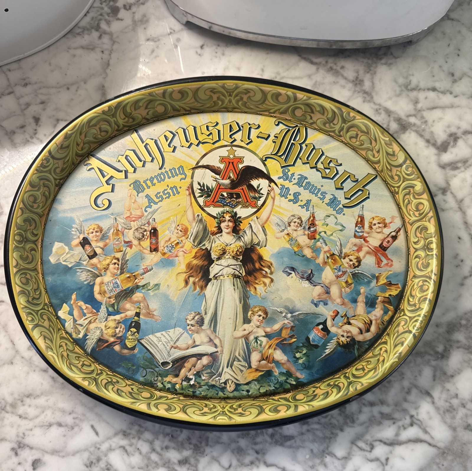 A Vintage Anheuser-Busch Promotional Lithographed Tin Serving Tray. 15 x 12 Inch A Vintage Anheuser-Busch Promotional Lithographed Tin Serving Tray. 15 x 12 Inch