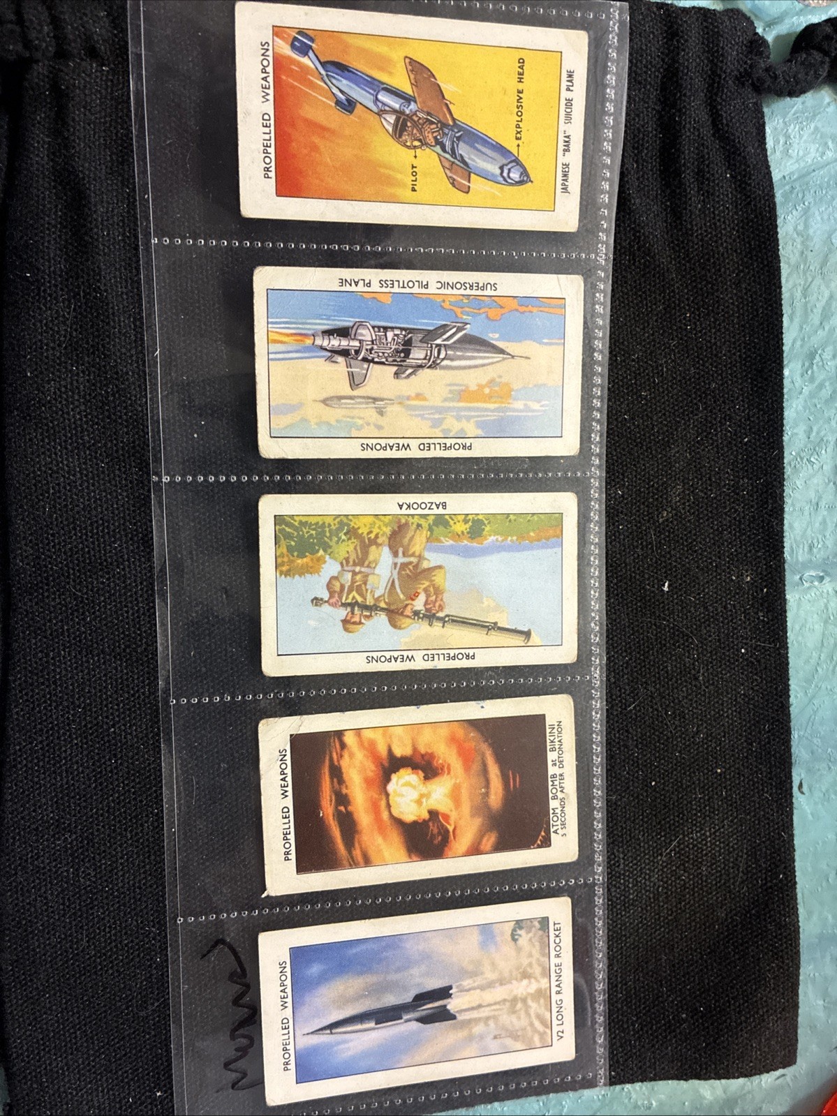 1953 Mills Propelled Weapons Cards #21-25 V2 Bazooka Atom Bomb WWII Cigarette