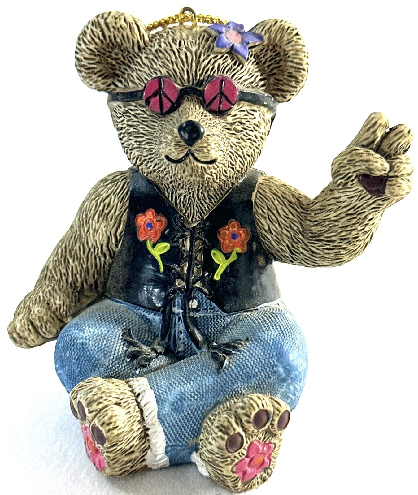 1997 Claire's Teddy Bear Resin Christmas Ornament Peace Hippy Flower Power