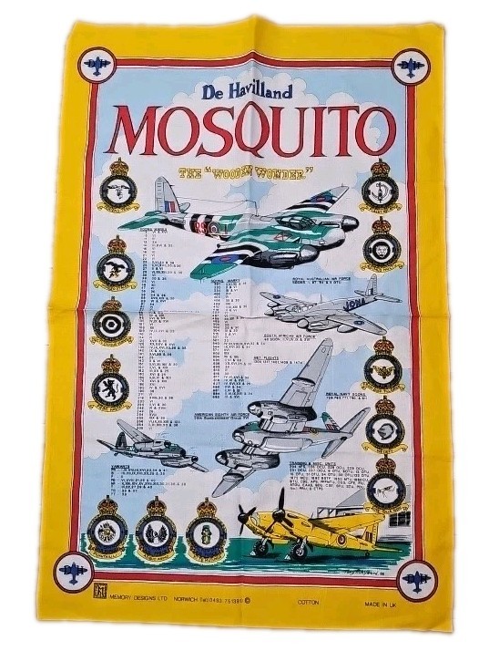 Vtg De Havilland MOSQUITO The Wooden Wonder Cotton Tea Towel T.Runyeard 1988 UK Vtg De Havilland MOSQUITO The Wooden Wonder Cotton Tea Towel T.Runyeard 1988 UK