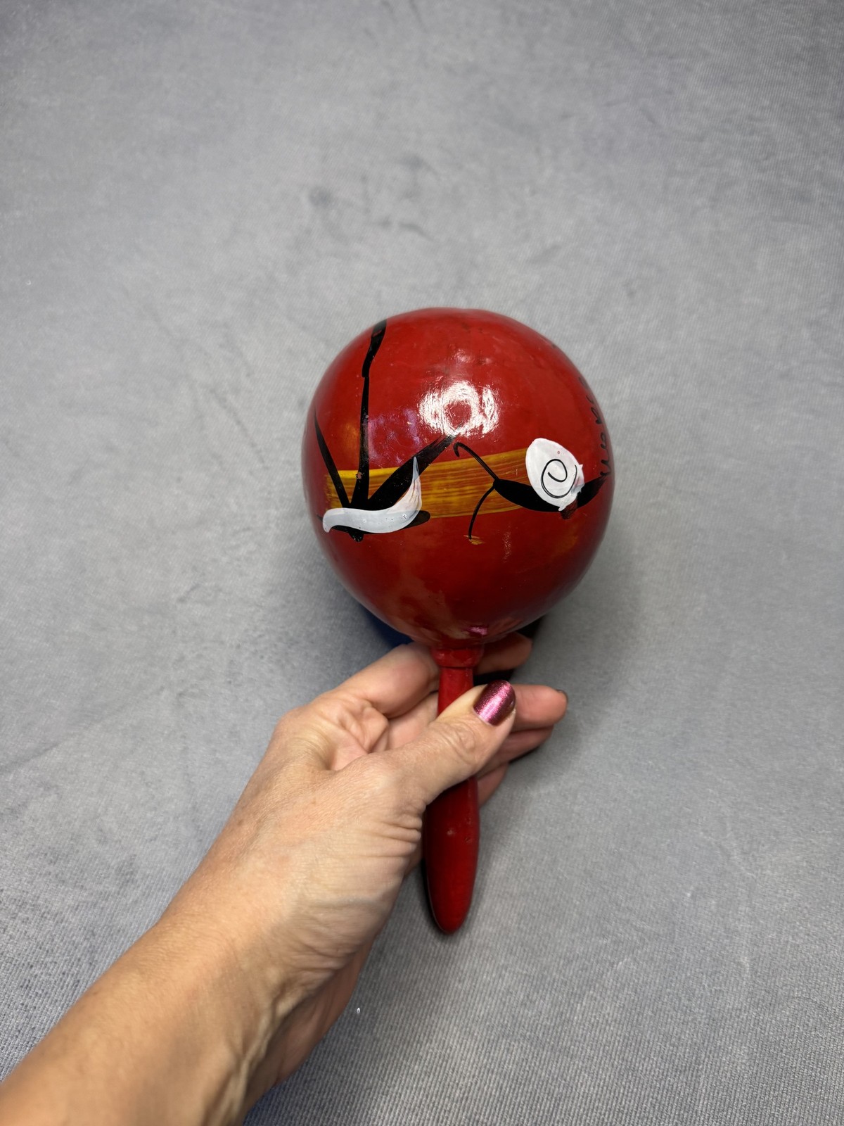 Paulina Chacon Mexican Gourd Maraca Handpainted Red Folk Art Vintage Boho Shaker