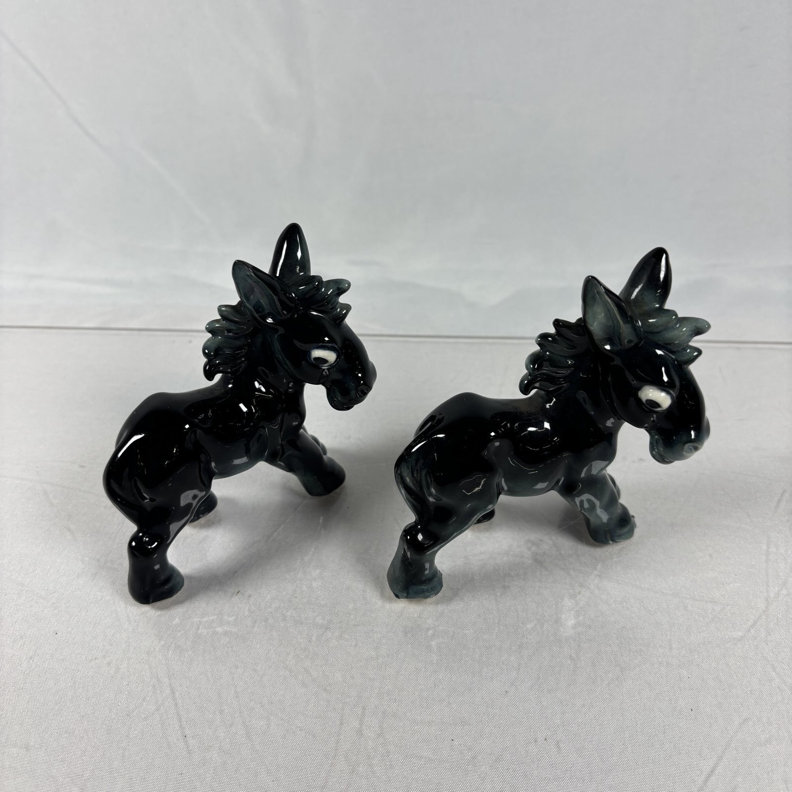 Vintage Ceramic Donkey Figurines Black Grey Glazed Animal Statues Set of 2