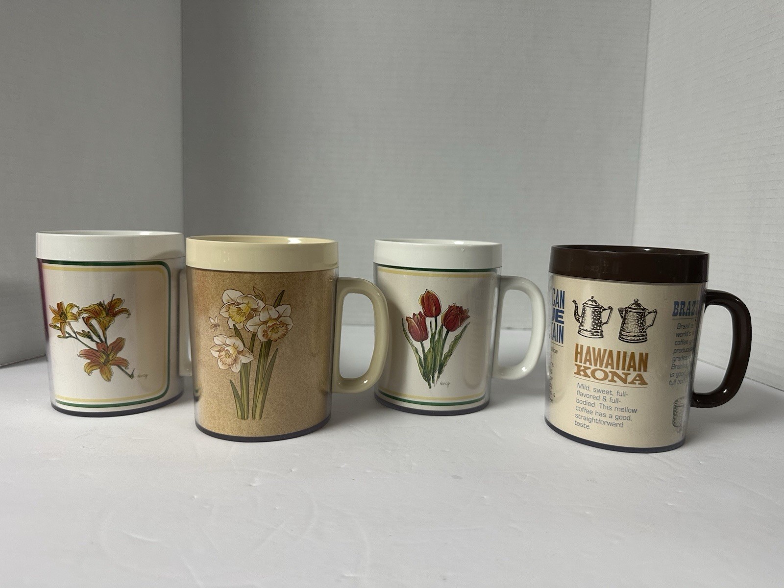 Vintage 80s Thermo Serv Lot (x4) 3 Floral & 1 Coffee Theme Coffee Cups Mugs 10oz