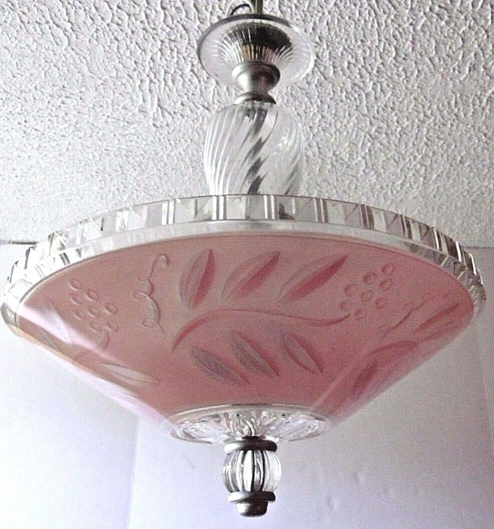 Chandelier Rewired 1940 Glass Spiral Swirl Pink Floral Lamp Shade 4 Bulb MCM Vtg