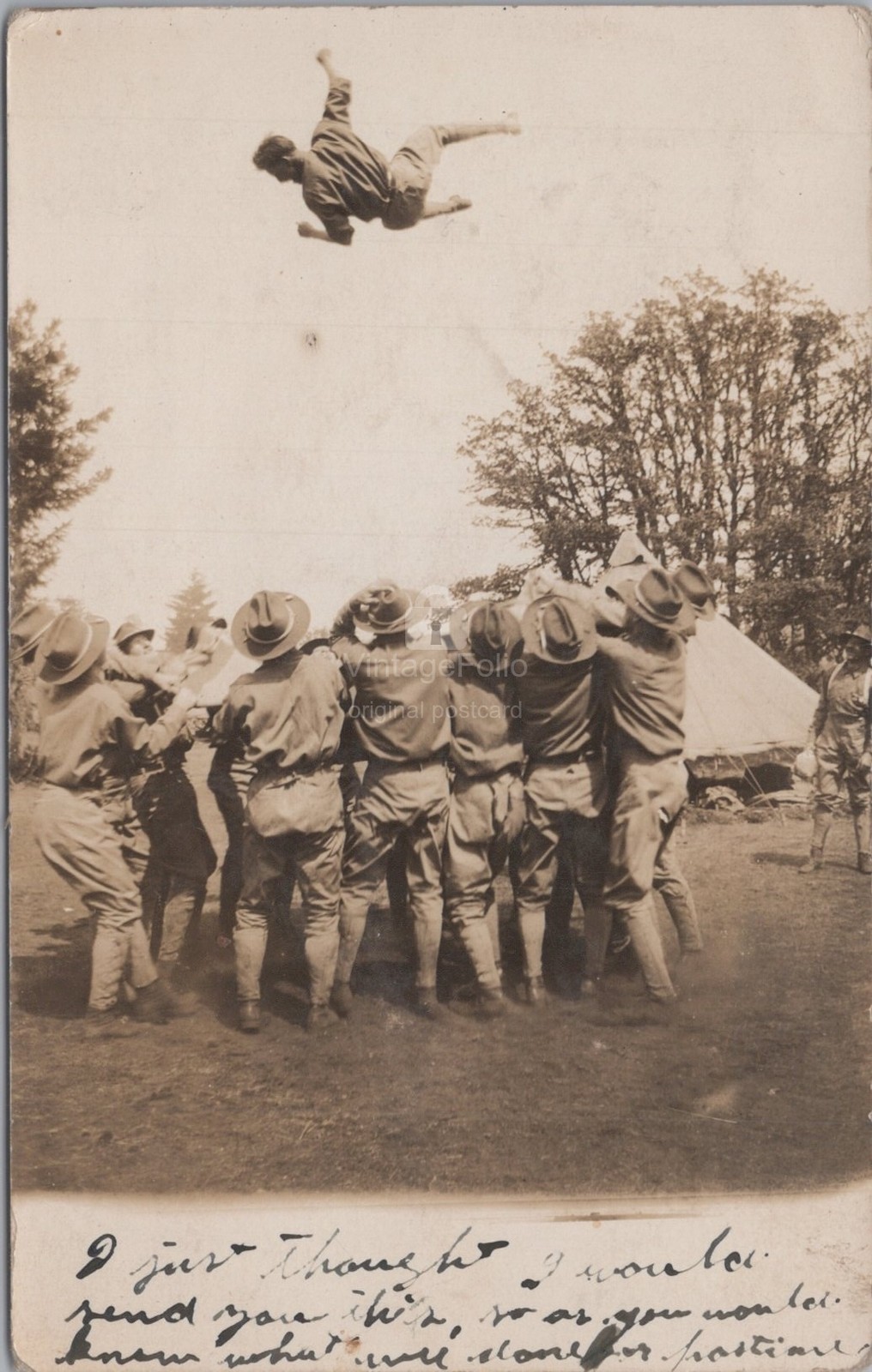 US Army Soldiers Blanket Toss American Lake WA Military Camp RPPC 1908 Postcard