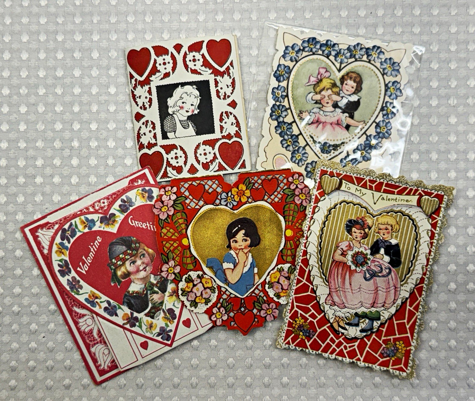 Antique Valentine’s Day Card Lot of 5 Whitney Made Die Cut Snow White Ephemera