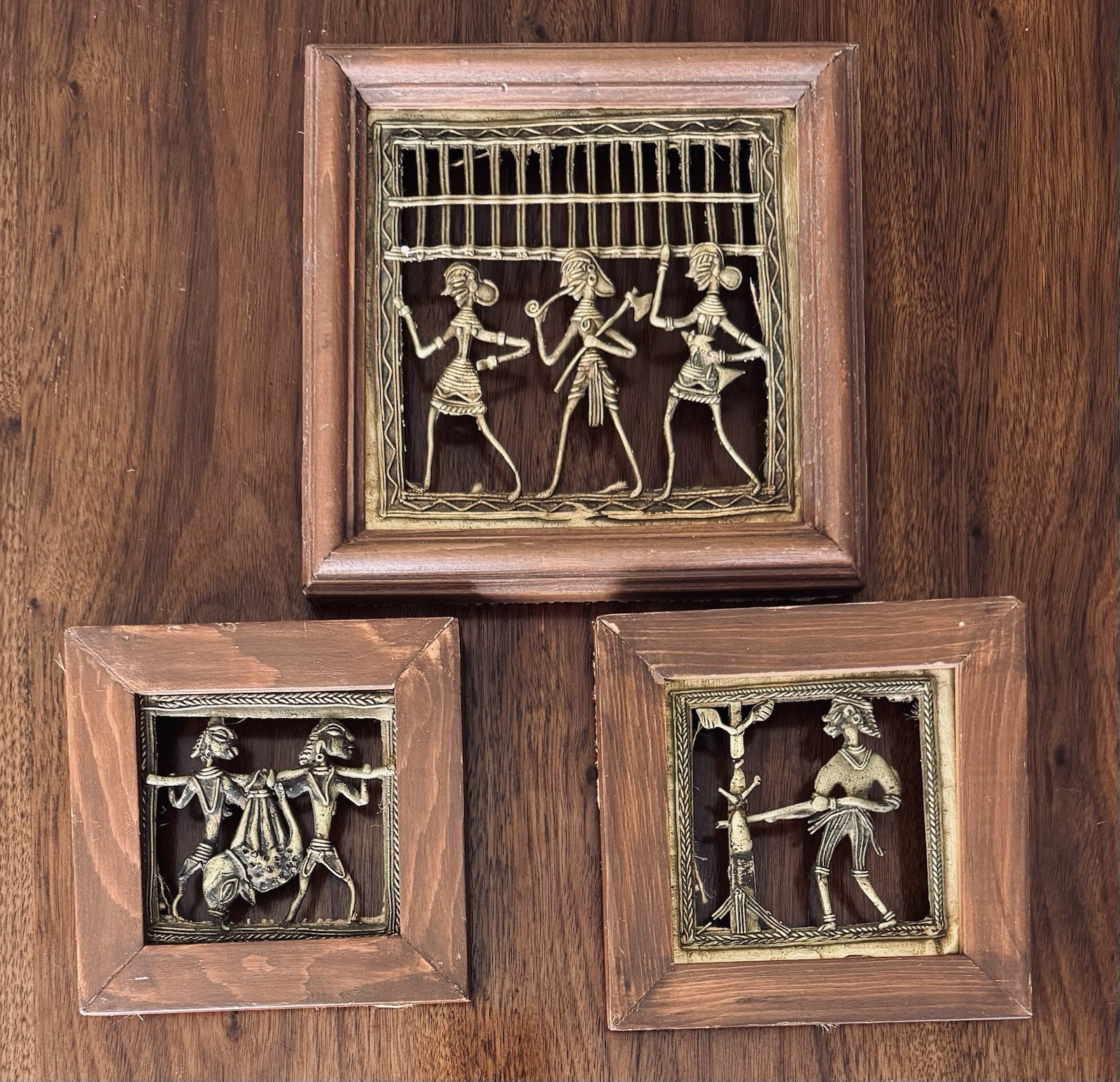 Vintage Indian Dhokra Tribal Brass Fusion Art Wall Panels 3 Pcs. Wood frames.
