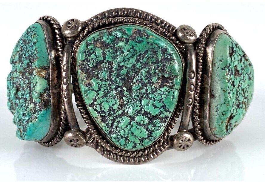 Large Vintage Navajo Turquoise Bracelet, Sterling Silver 7.25