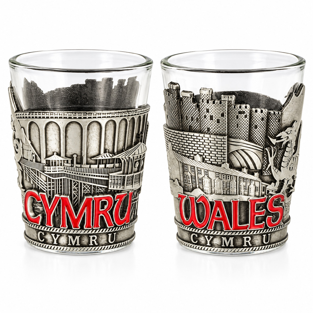 North Wales Metal and Glass Shot Glass Welsh Cymru Souvenir Decorative Metal