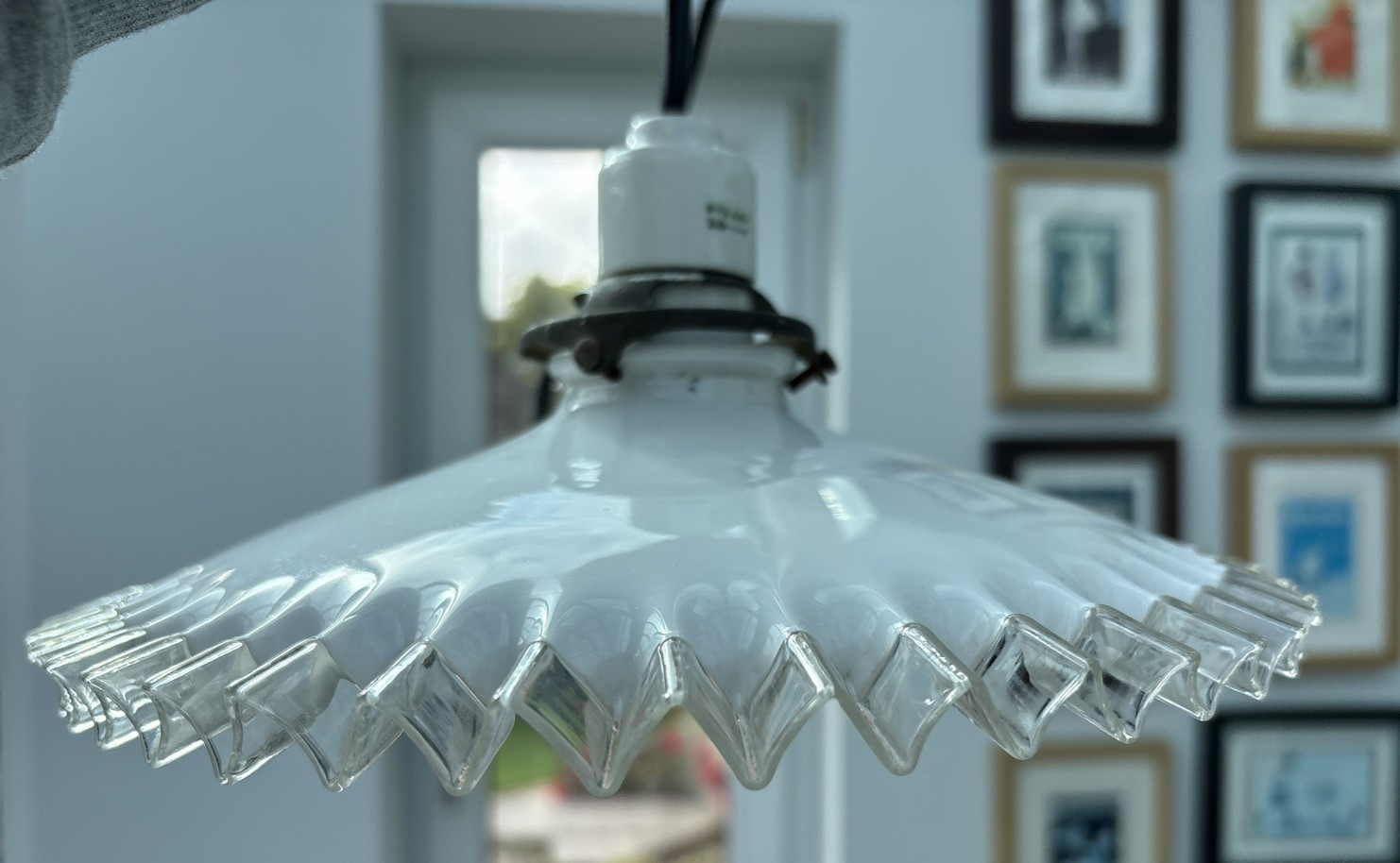 Vintage French White Opaline Glass Coolie Light Shade + Brass Gallery Porcelain