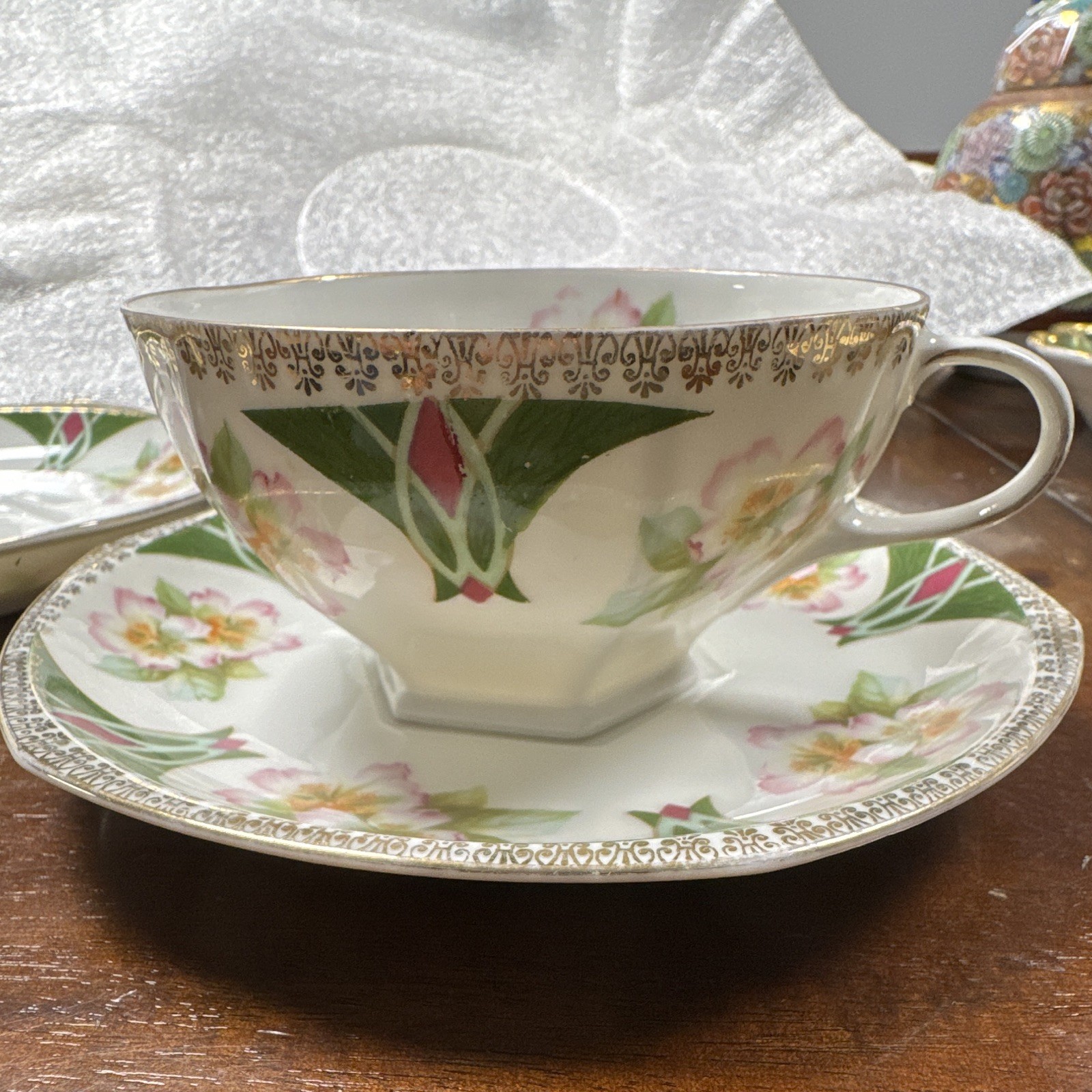 VINTAGE MZ AUSTRIA CUP & SAUCER PINK ROSES FLORAL GOLD MEDALLION TEACUP