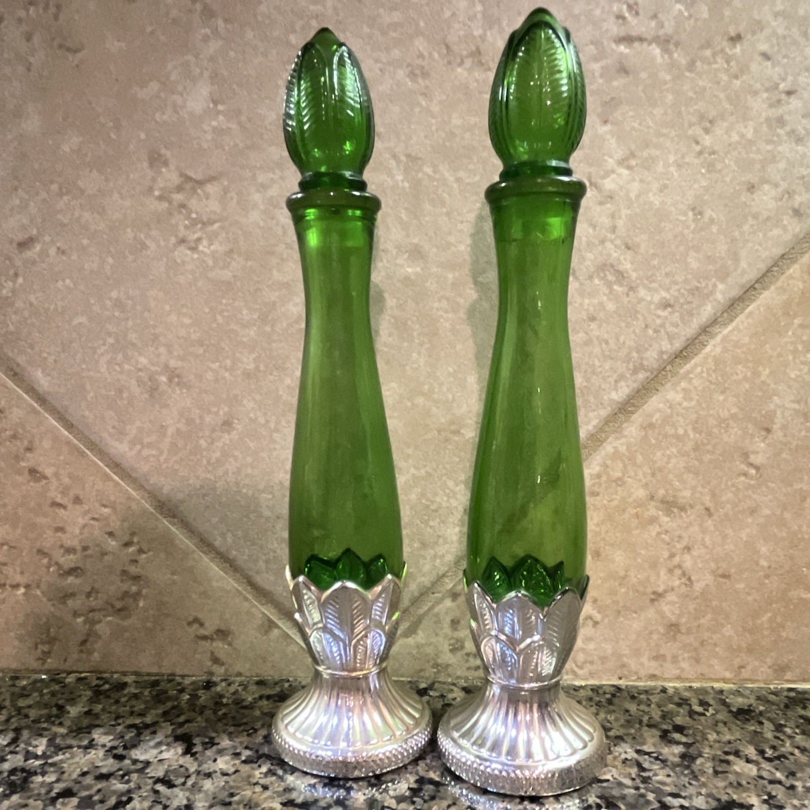 Avon Empire Green Glass Decanter Pair Silver Base Leaf Stopper Bottles 9”Tall