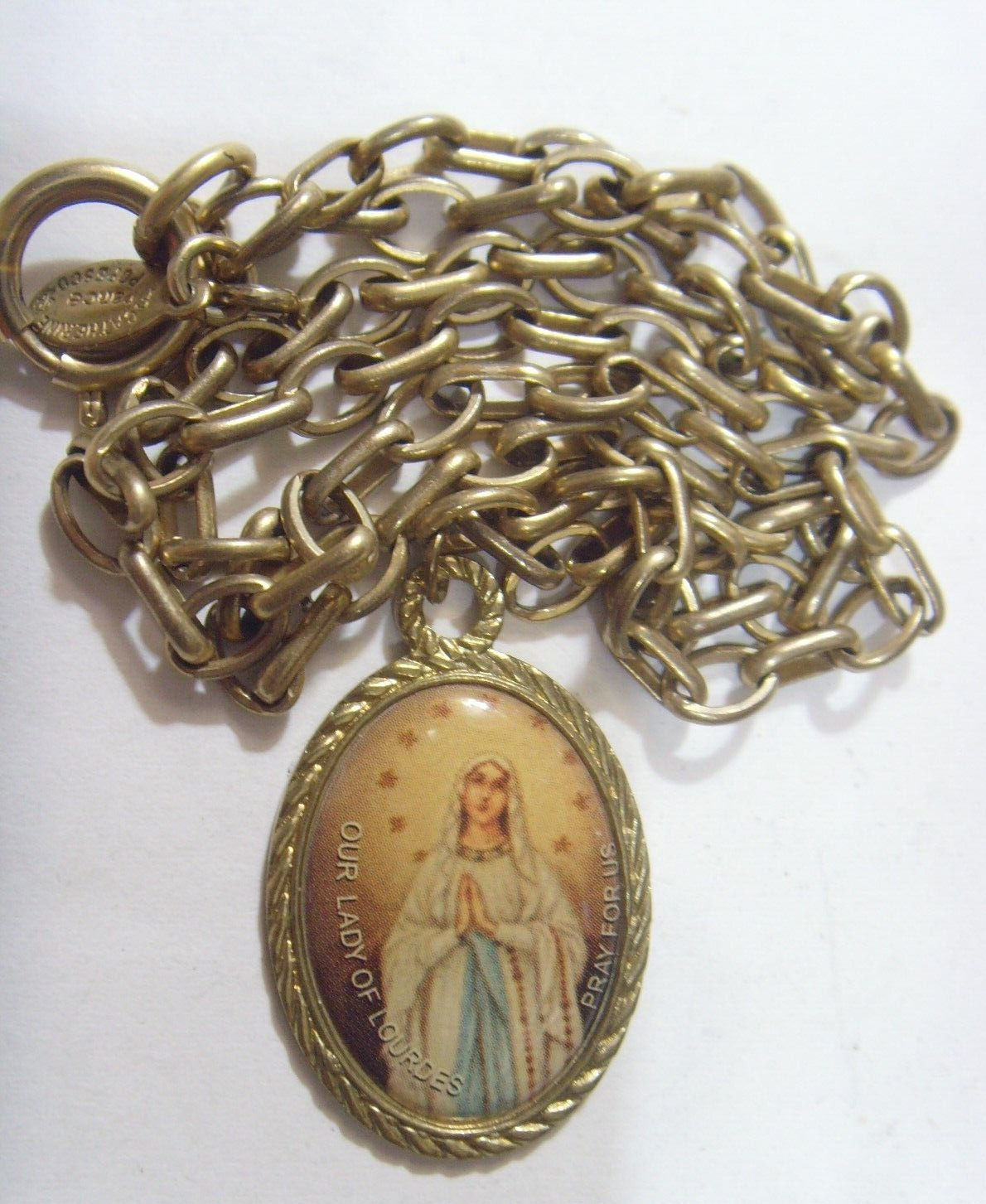 vintg Popesco France catholic Saint Mary Lourdes necklace19 gram gold pltd 52956