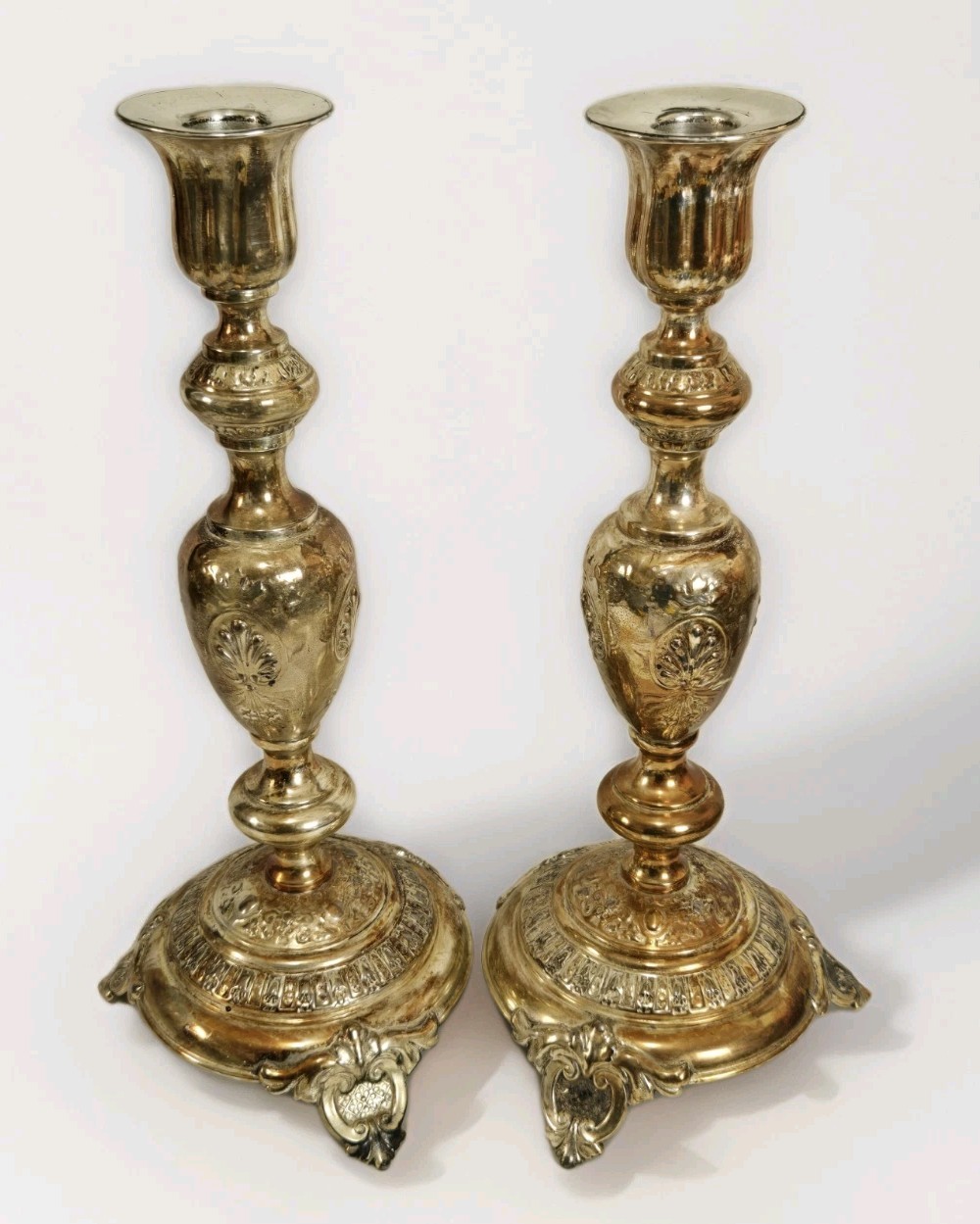 Antique Fraget N Plaque Russian Empire Candlesticks Pair Silver Plated 14” Tall
