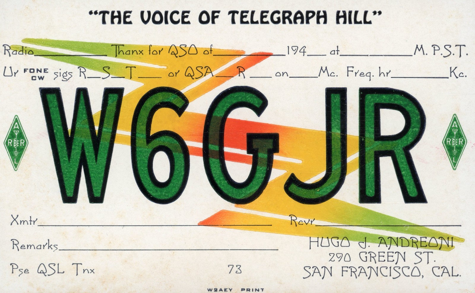 Vintage Amateur Radio QSL Printer's Sample, 1940's, W6GJR, San Francisco, CA Vintage Amateur Radio QSL Printer's Sample, 1940's, W6GJR, San Francisco, CA