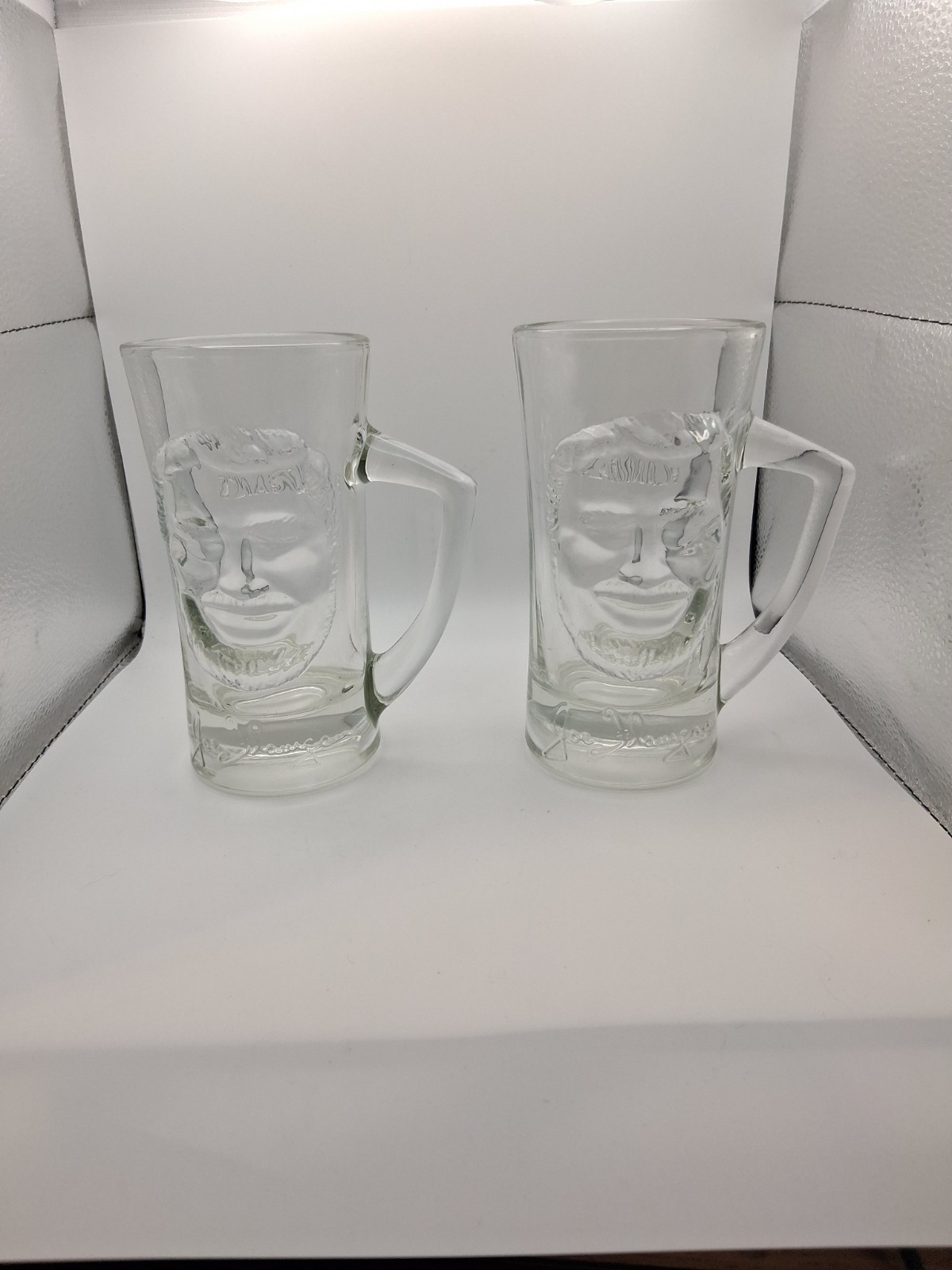 Vtg BIG DADDY Joe Flanigan's Face-Embossed Glass Beer Mug Stein, 1970's SET OF 2
