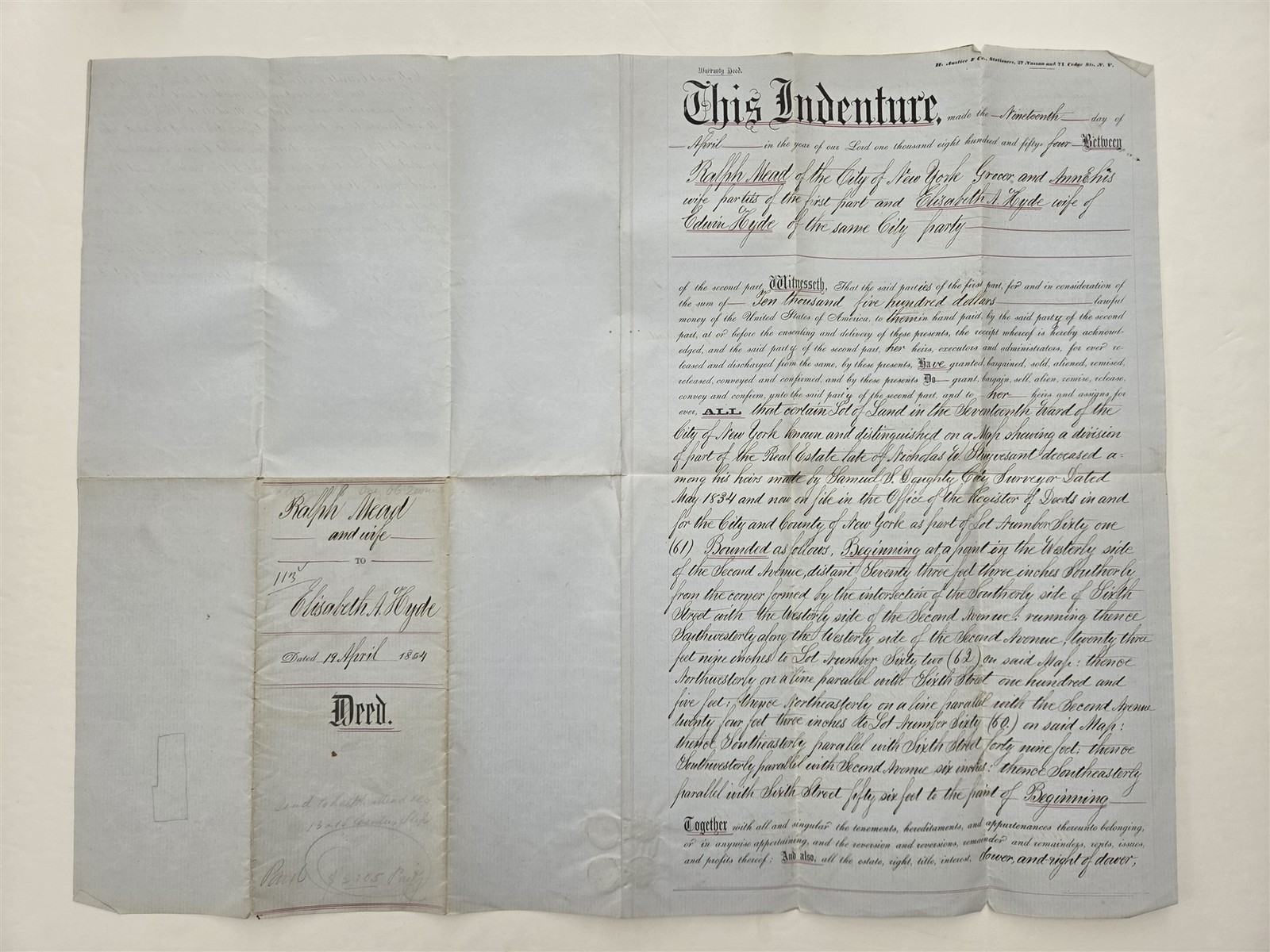 1854 antique MANHATTAN REAL ESTATE DEED nyc NY Ralph MEAD Elizabeth HYDE