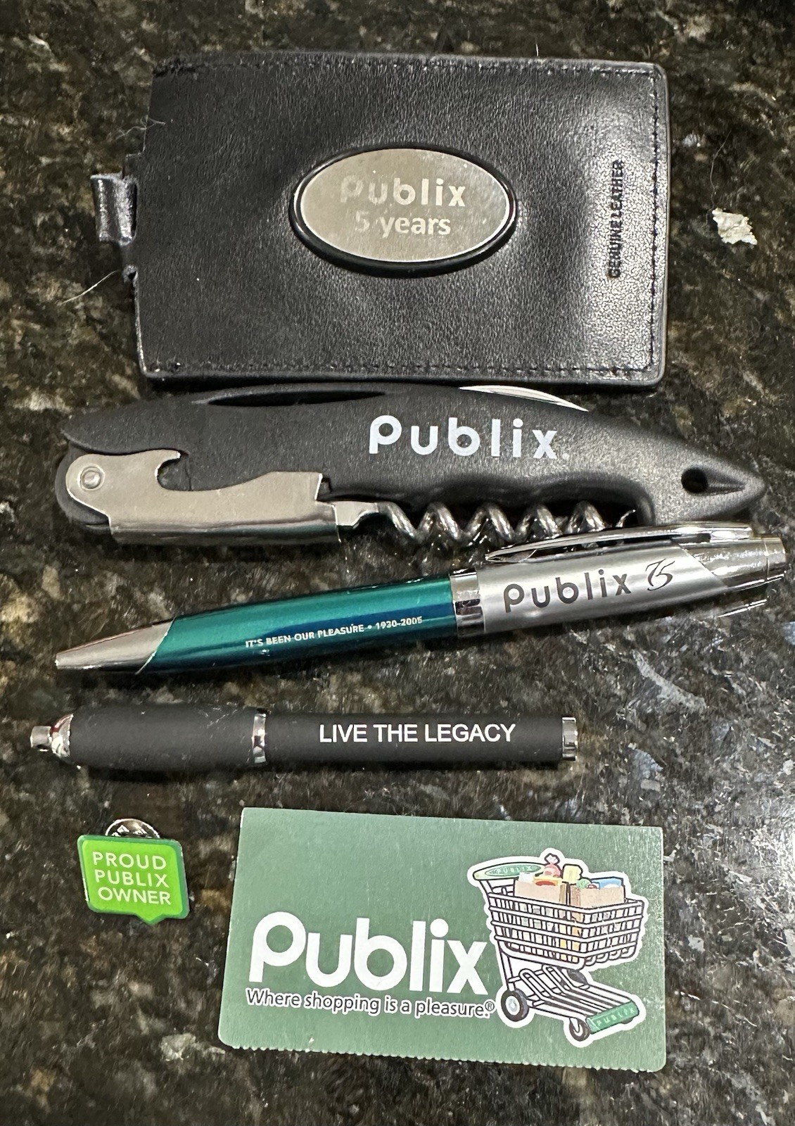Publix Collectible Lot 2 - VTG Pin 5 Year Luggage Tag Pens Bottle Opener 6 Items