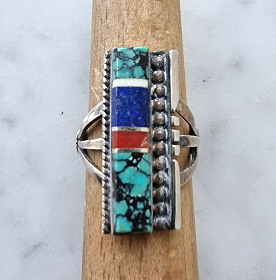 NAVAJO OSCAR ALEXIUS 1975 RARE 25X5 MM.  MULTI GEMSTONE RING SIZE 6