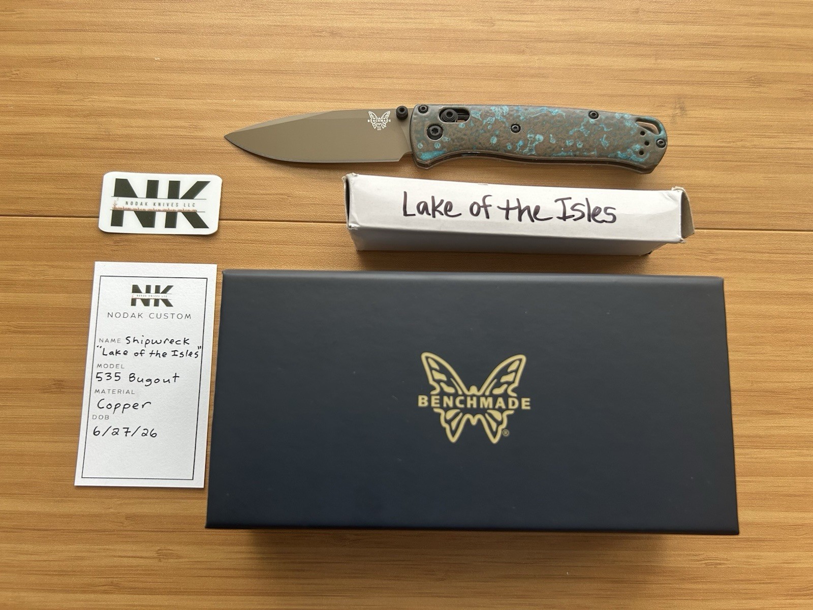 Nodak Custom “Lake of the Isles” Shipwreck Copper Benchmade 535 Bugout FDE S30V