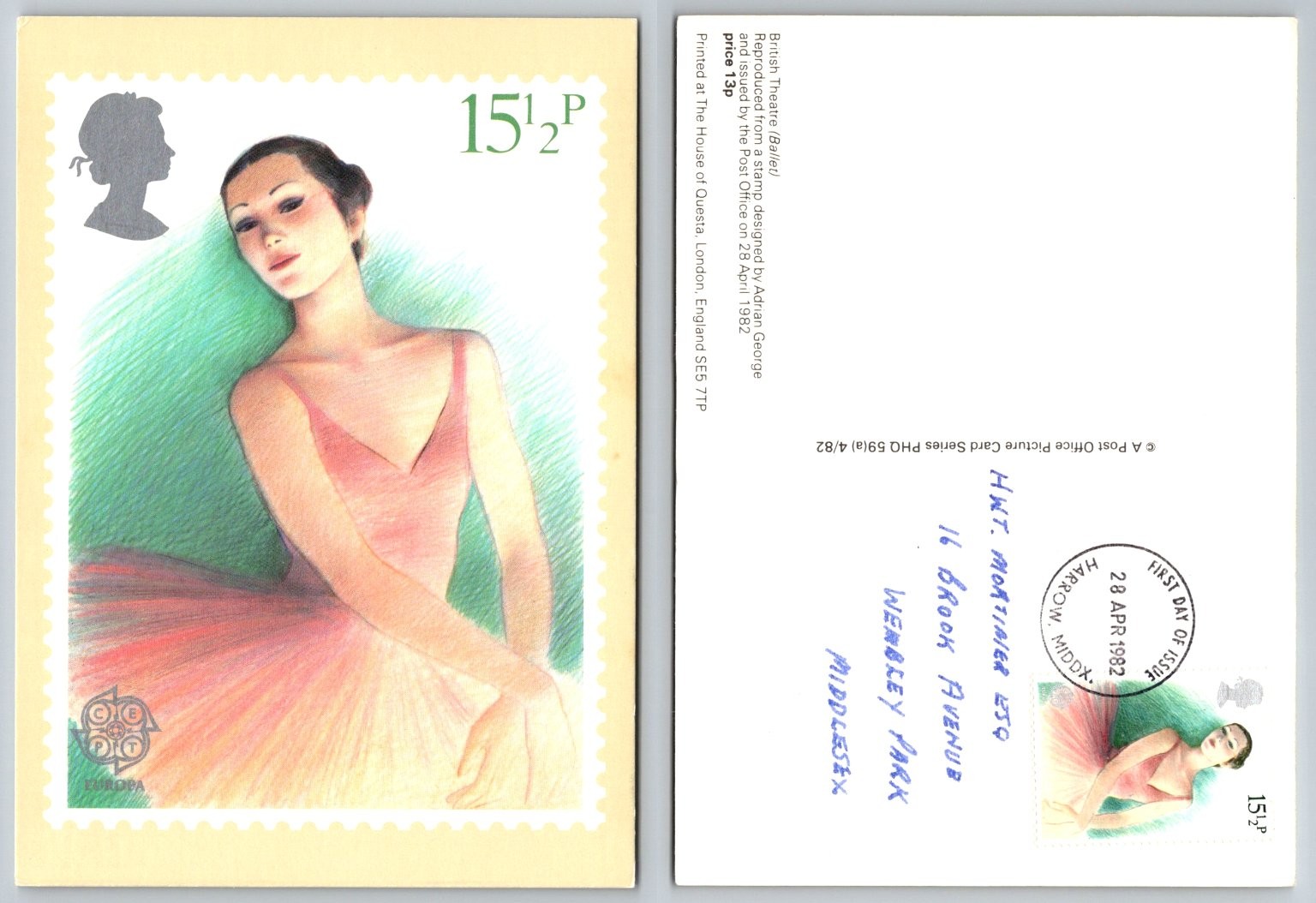 1982 British Theatre Ballet Ballerina Stamp Art Postcard First Day Issue UK