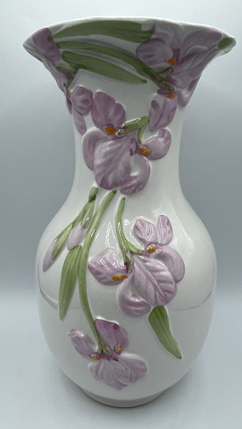 Vintage Tall Flower Vase Soft White With Pink Iris Flowers