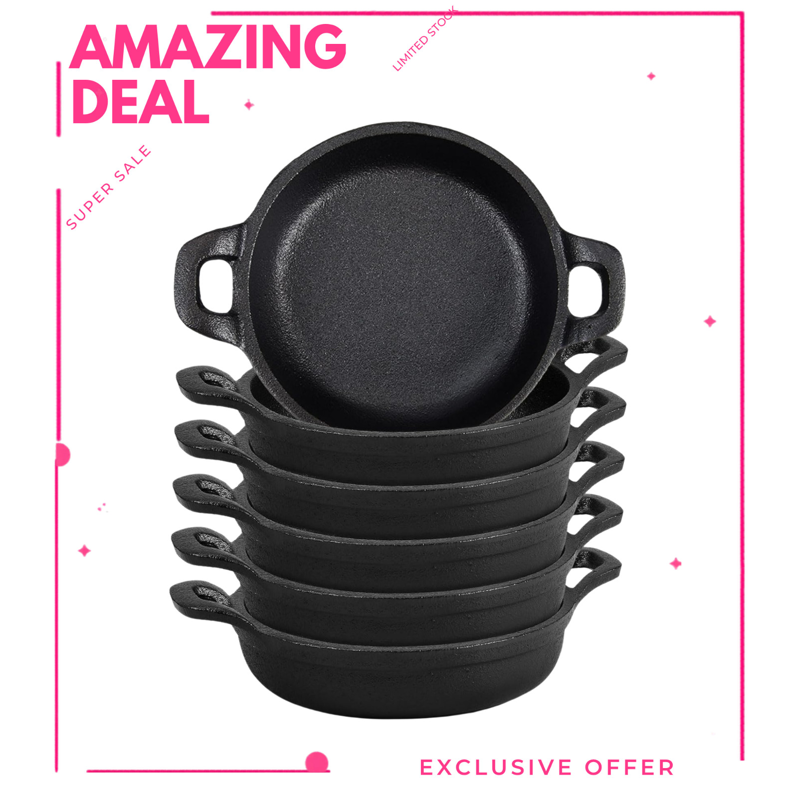 NEW 6 Pack Mini Cast Iron Skillets 5x5in Oven Safe Black Ramekin Cookware Set