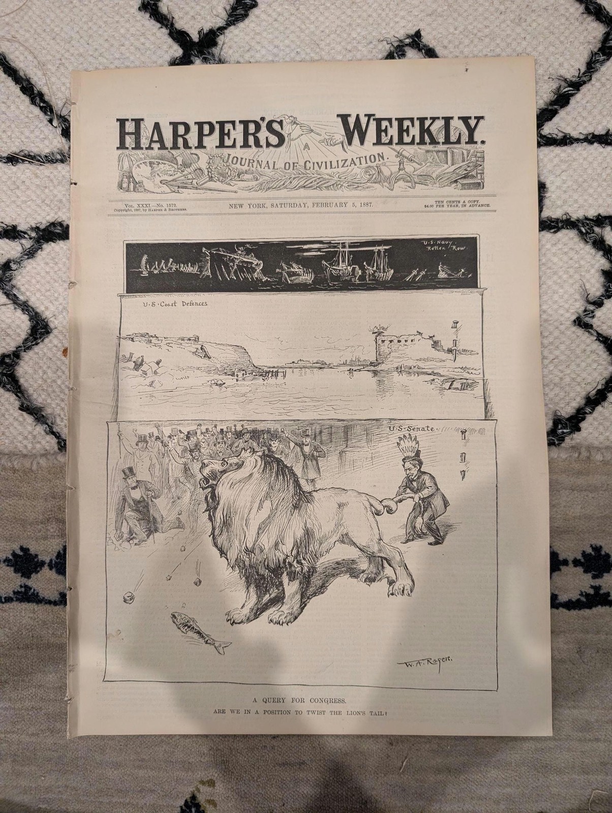 Harper’s Weekly – February 5, 1887, Original  • “Twist the Lion’s Tail” Front Pa