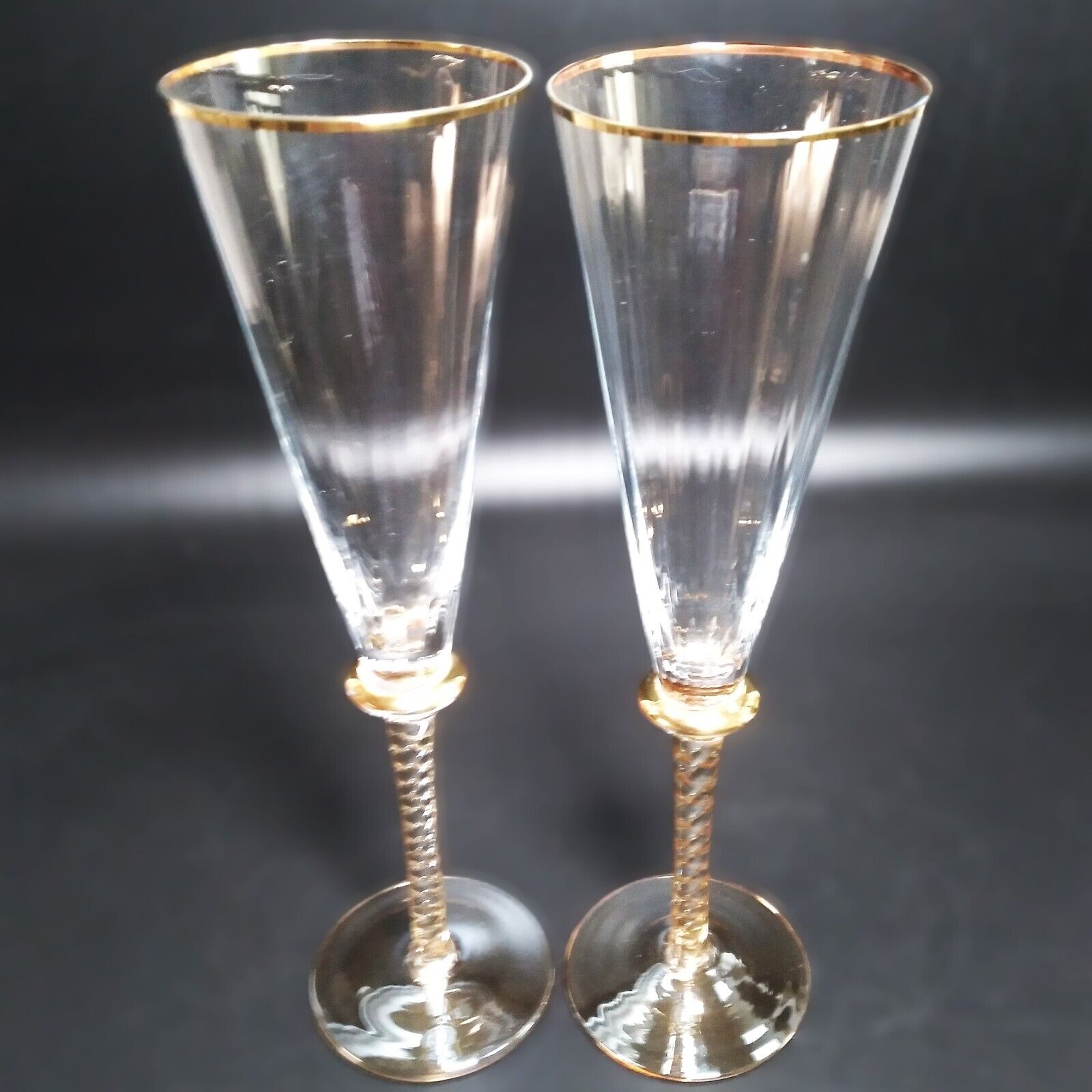 STIL Romania Art Glass Tall Champagne Flute Twisted Stem Gold Accent 10.25\