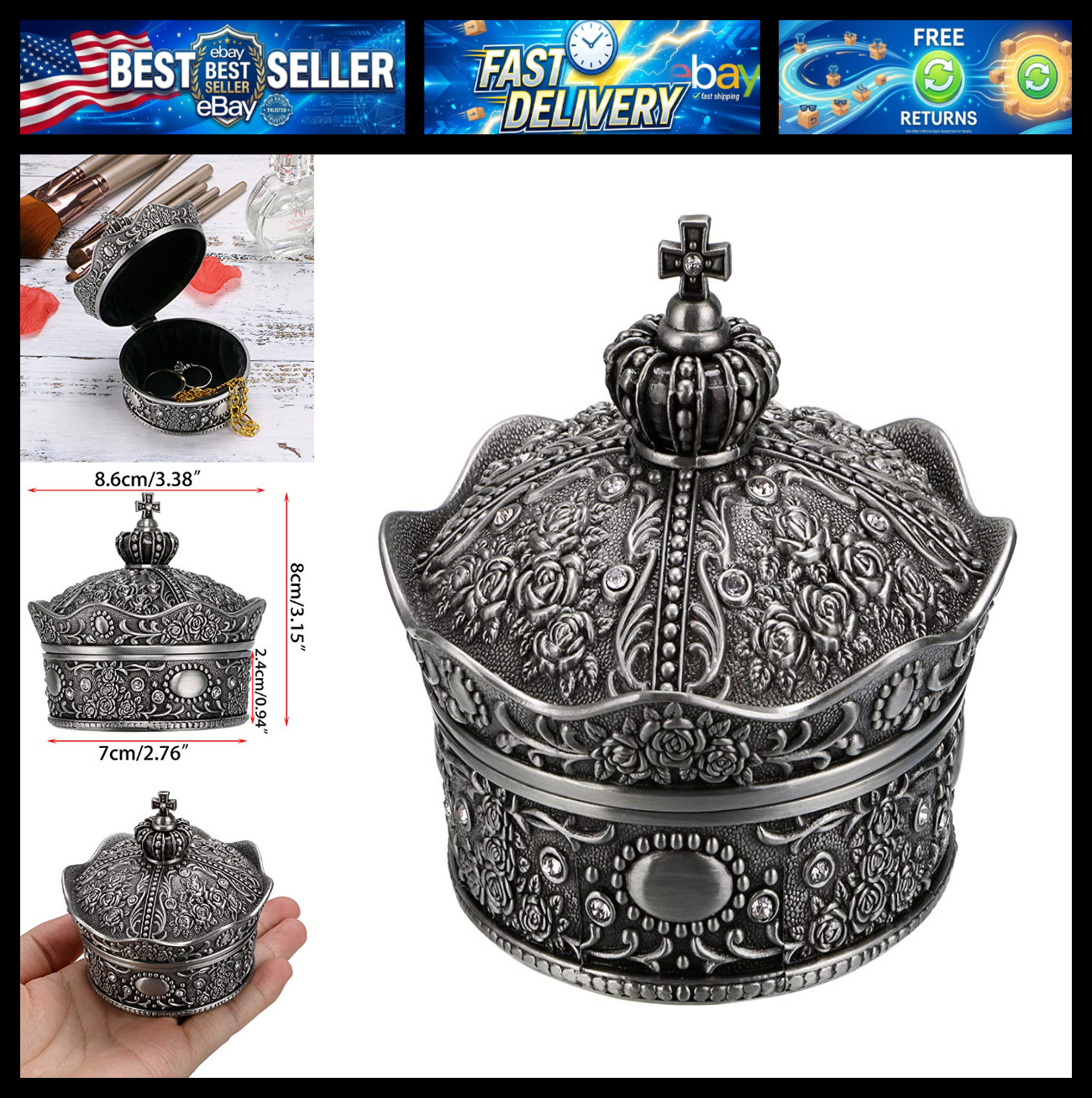 Hipiwe Vintage Jewelry Box, Antique Crown Design Trinket Treasure Chest Storage