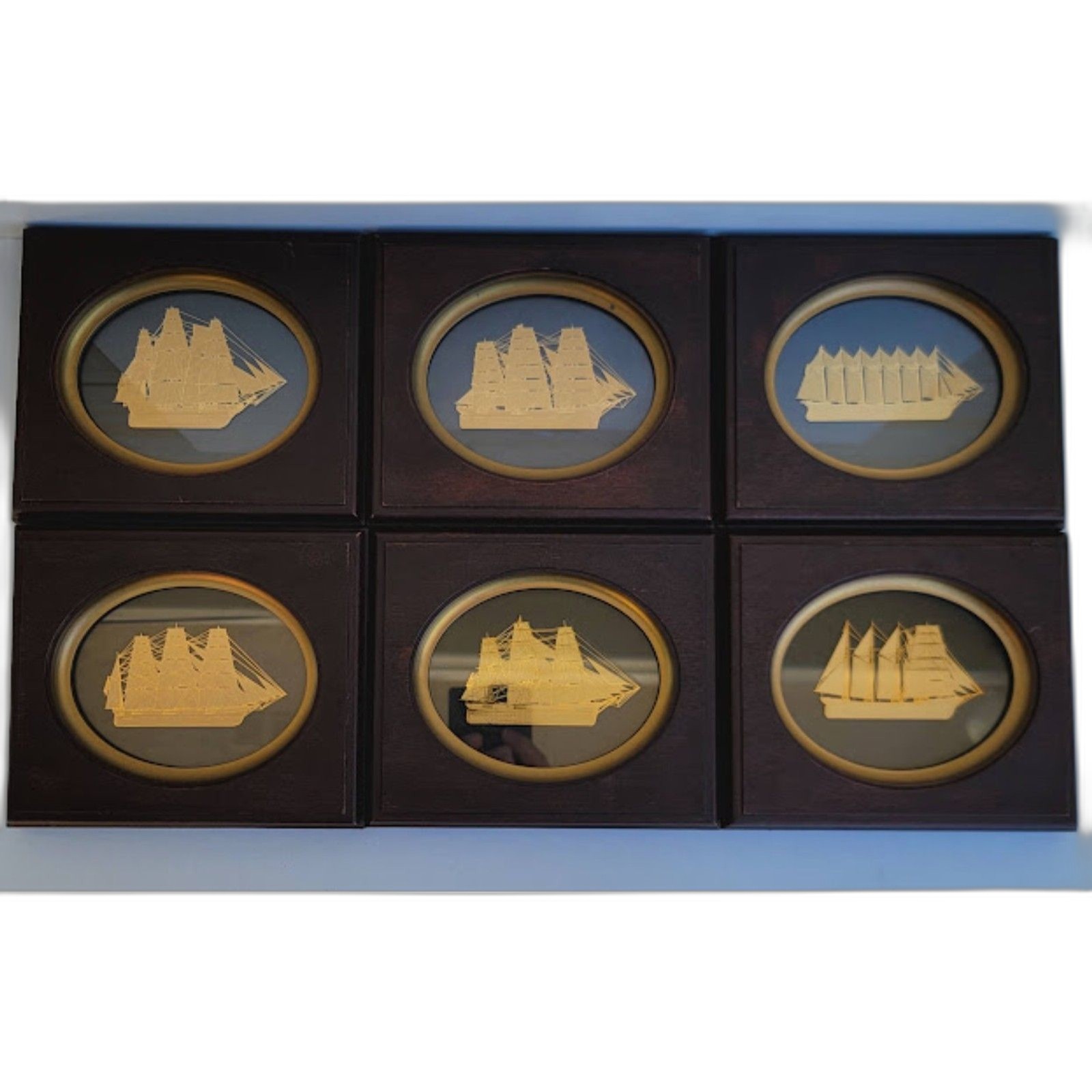 Vintage Franklin Mint Golden Age American Sail 24K Gold Ship Plaques Set 6 M18