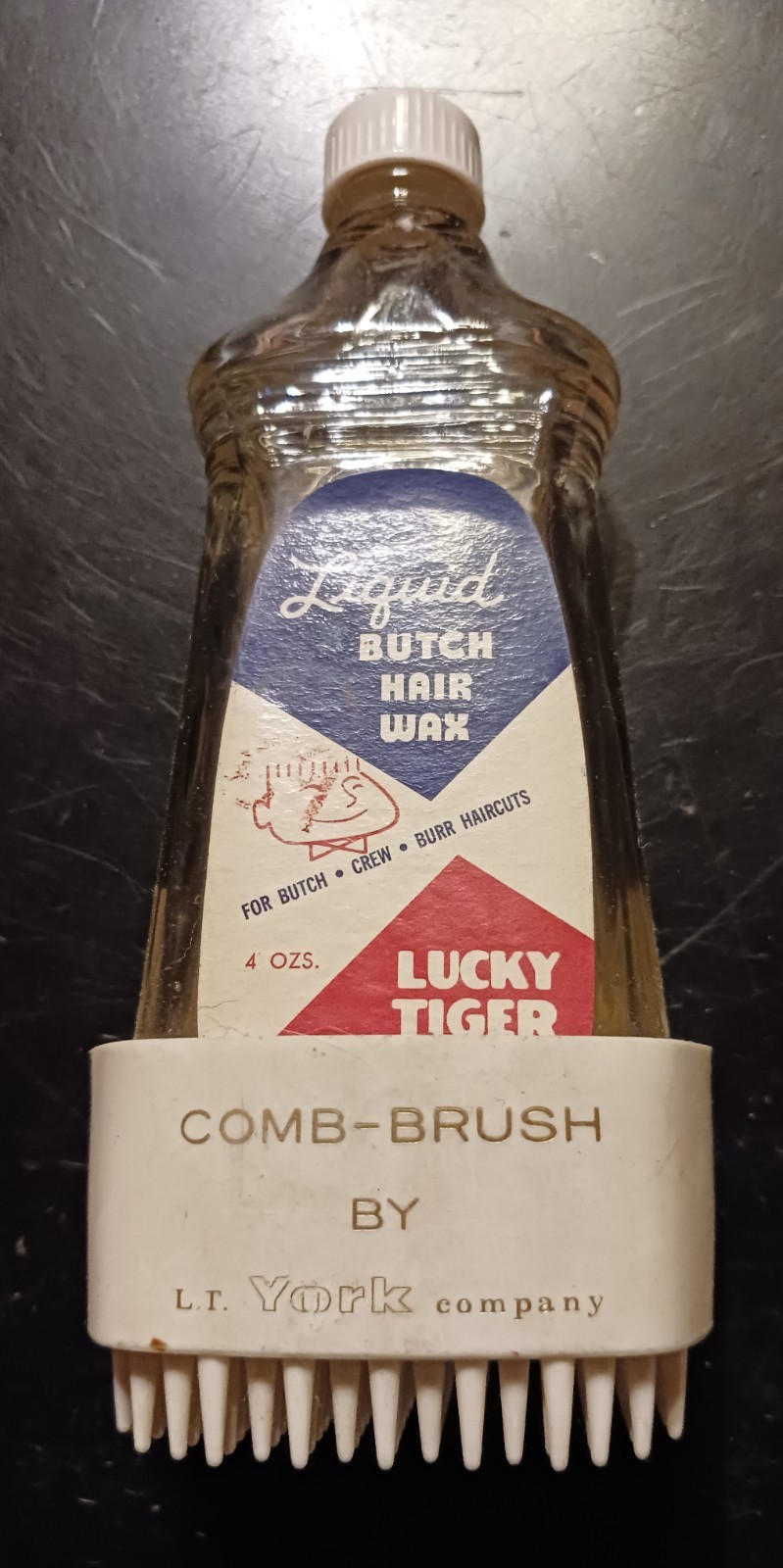 Vtg 1950s Lucky Tiger Butch Hair Wax Bottle w/L.T. York Comb Brush Attachment