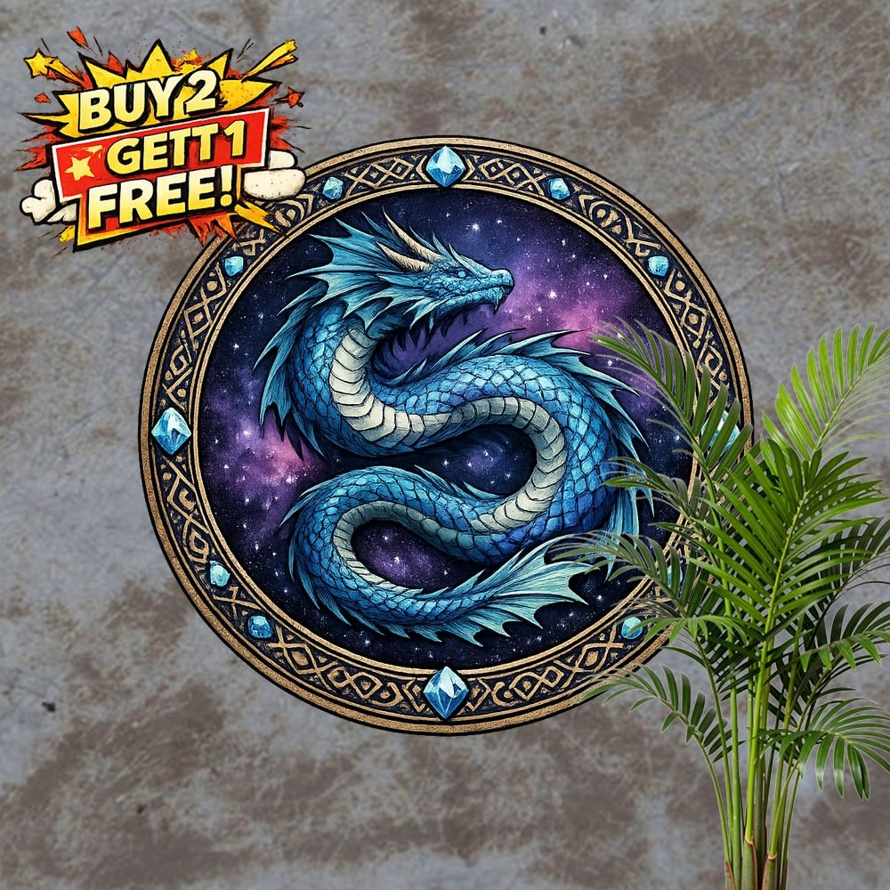 Enchanted Blue Dragon Round Metal Sign Cosmic Fantasy Wall Decor Plaque 8x8