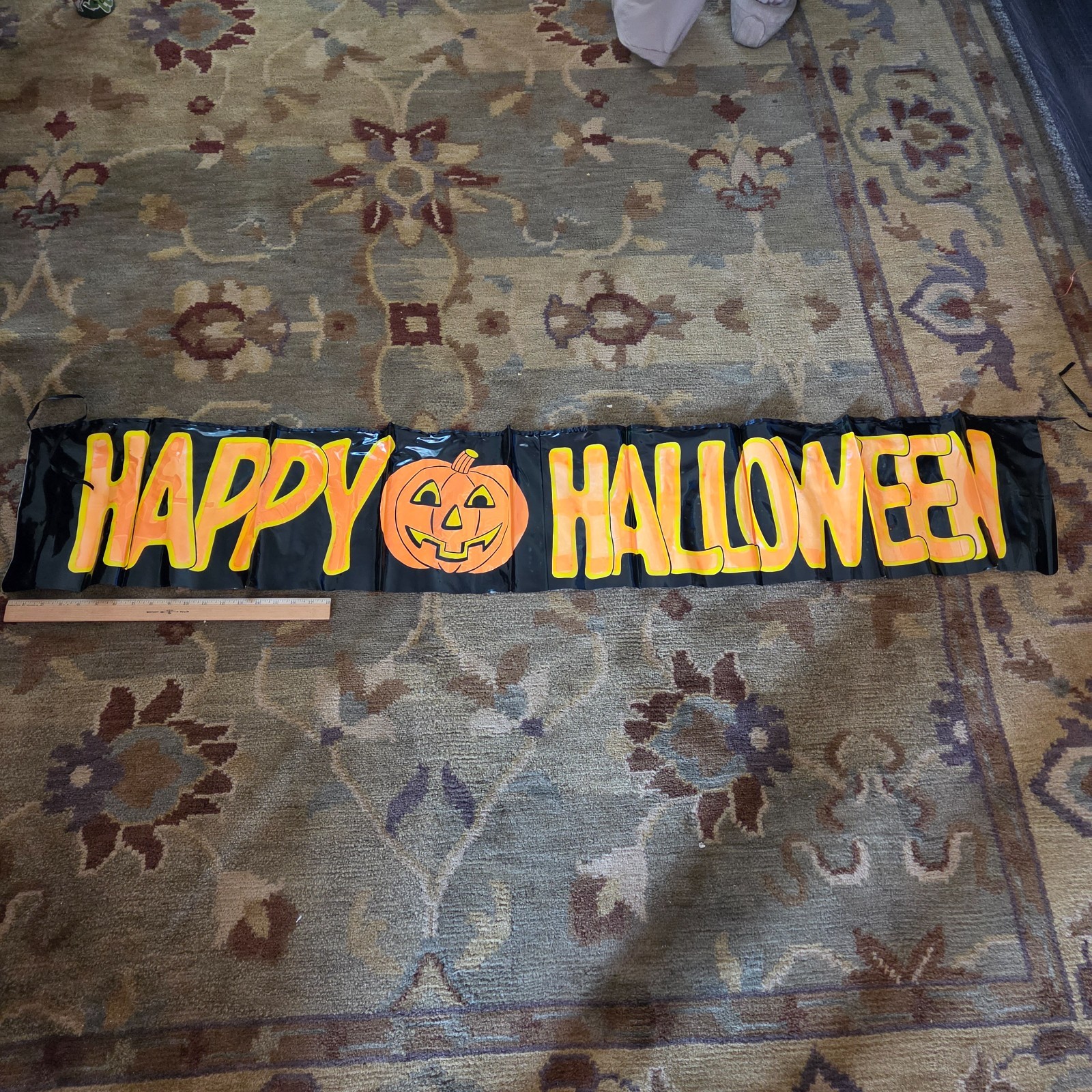 Vintage Plastic Vinyl Happy Halloween Banner Jack O Lantern Pumpkin 6ft Sealed N
