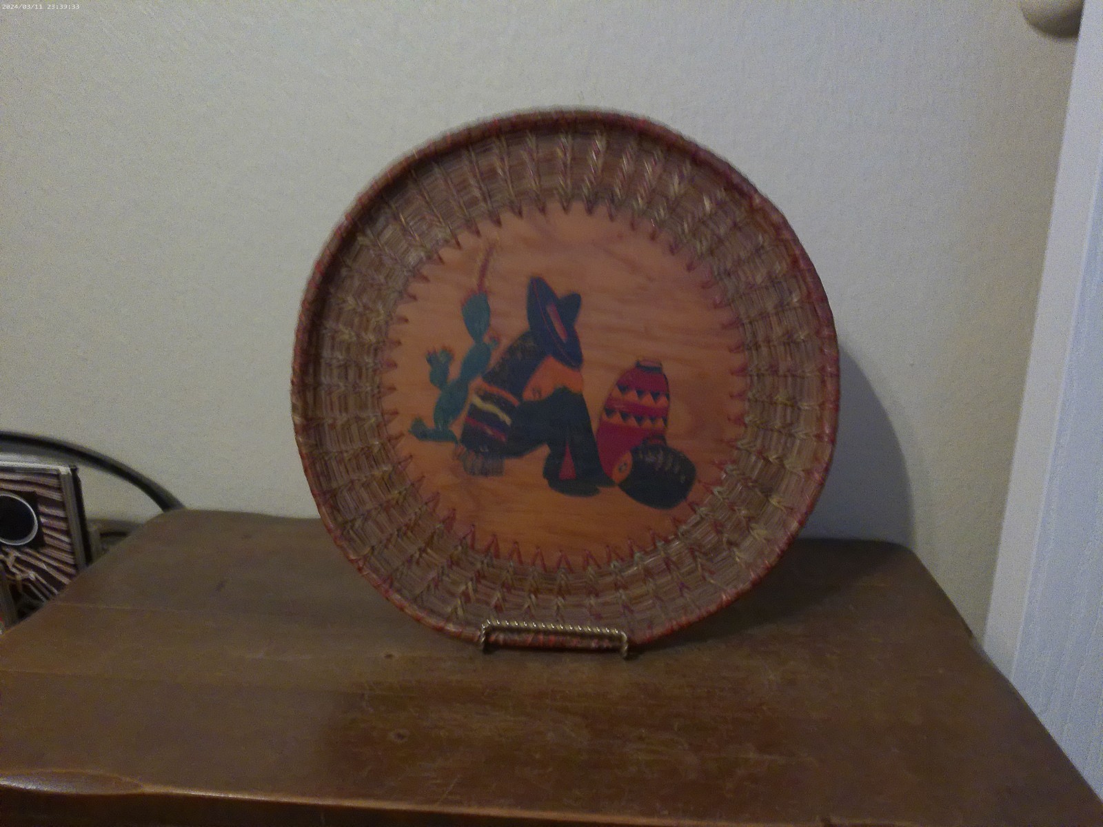 Vintage and Rare Collectible Mexican Folk Art Wood and Pine Needle Mexican Motif Vintage and Rare Collectible Mexican Folk Art Wood and Pine Needle Mexican Motif