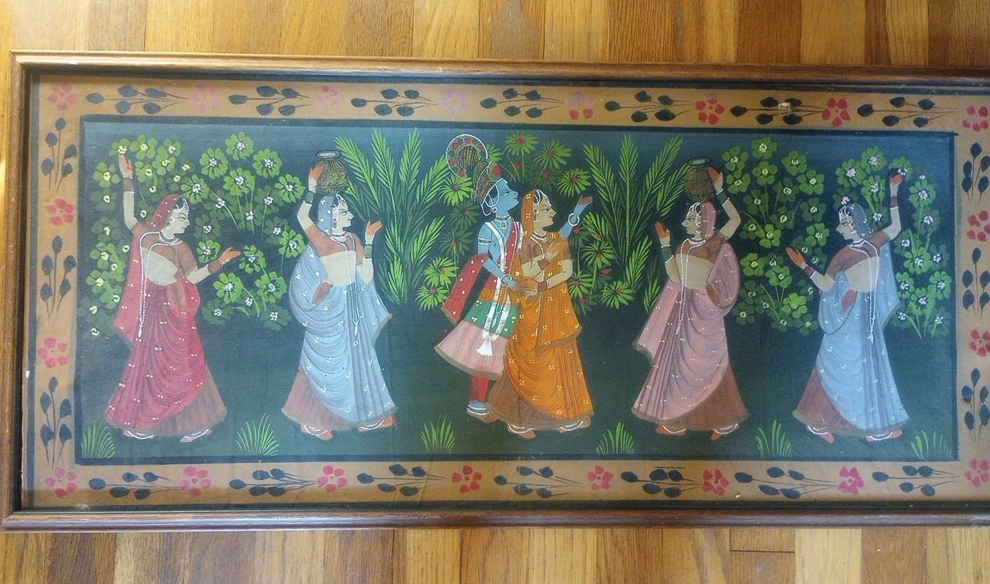 Vintage Hand Painted Indian Radha Krishna  34x15.5 In Wooden Frame Wall Art 
