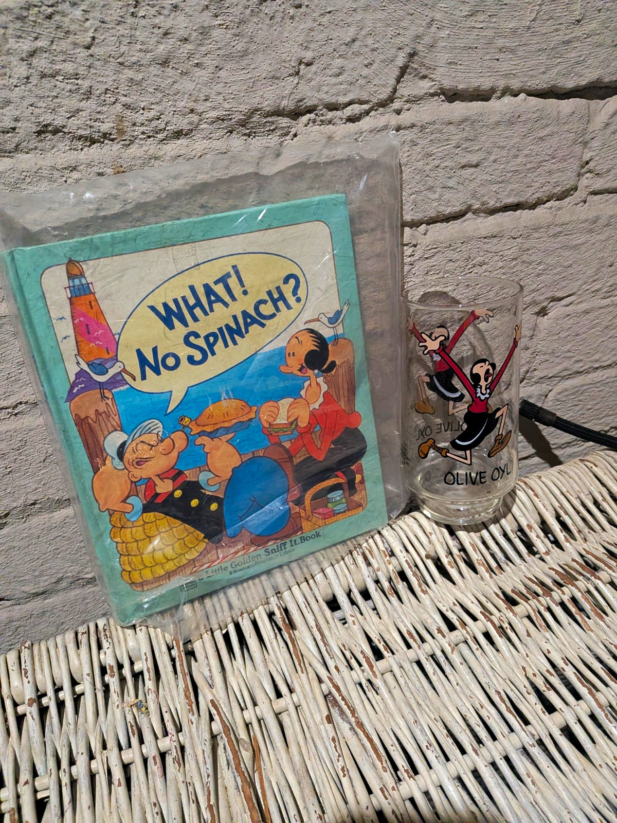 Vintage 1970s Popeye Lot: Popeye Golden Sniff It Book 1975 Olive Oyl Glass Drink