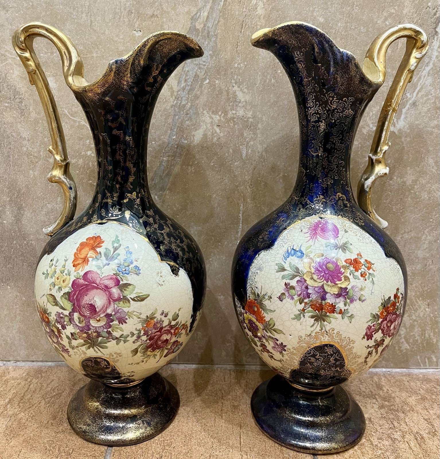TWO Antique English Thomas Forester & Sons Hand Decorated Porcelain Pitchers