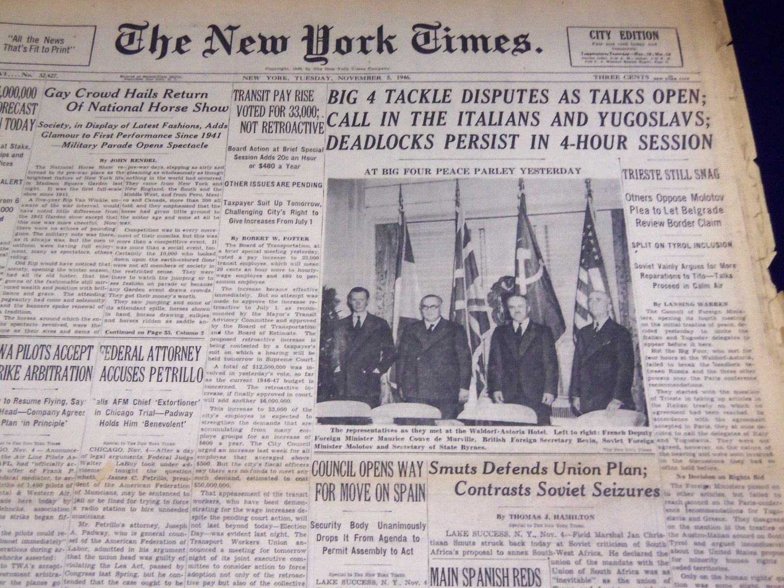 1946 NOVEMBER 5 NEW YORK TIMES - BIG 4 PEACE PARLEY - NT 2963 1946 NOVEMBER 5 NEW YORK TIMES - BIG 4 PEACE PARLEY - NT 2963