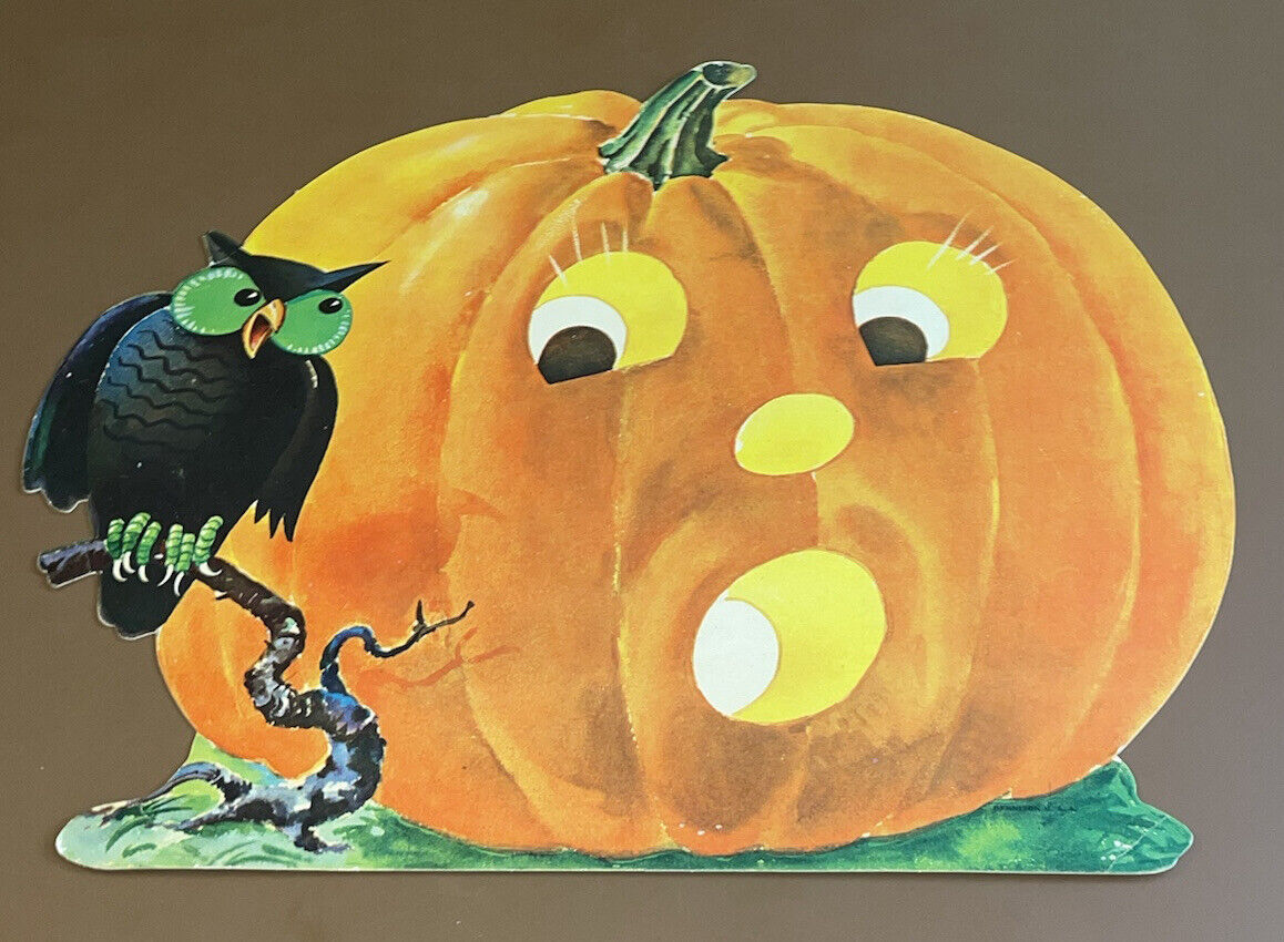 Vintage Halloween Die Cut Pumpkin & Black Owl by Dennison USA Cut Out