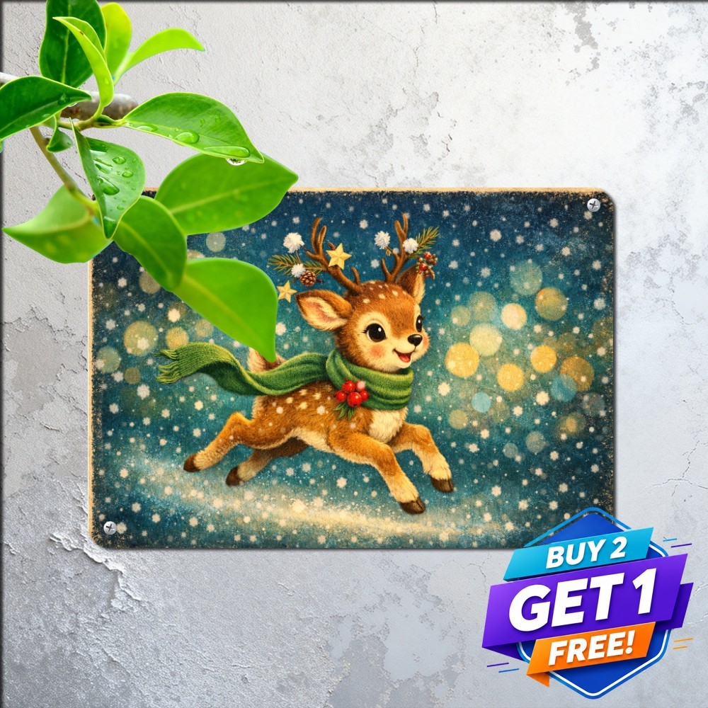 Running Fawn in Winter Snow Sign Cute Christmas Deer Scarf Metal Tin Plaque