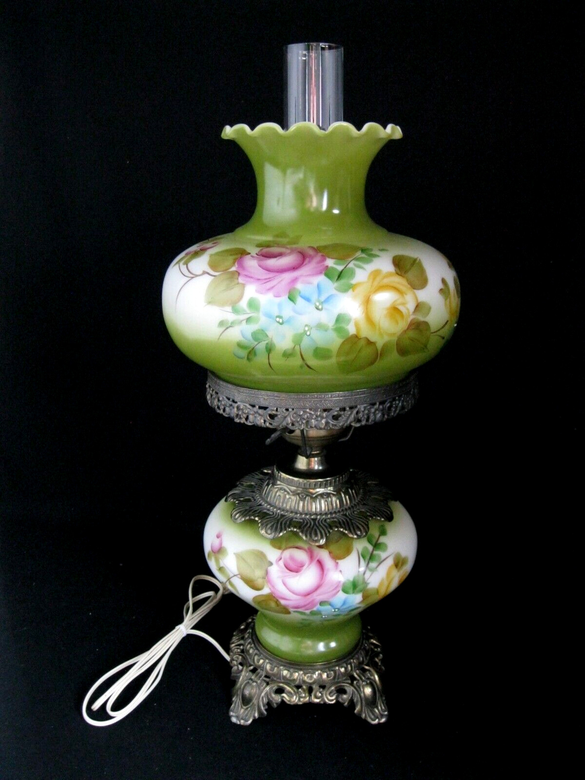 VTG Hand Painted Floral Roses Glass GWTW Green Parlor/Table Lamp 21\