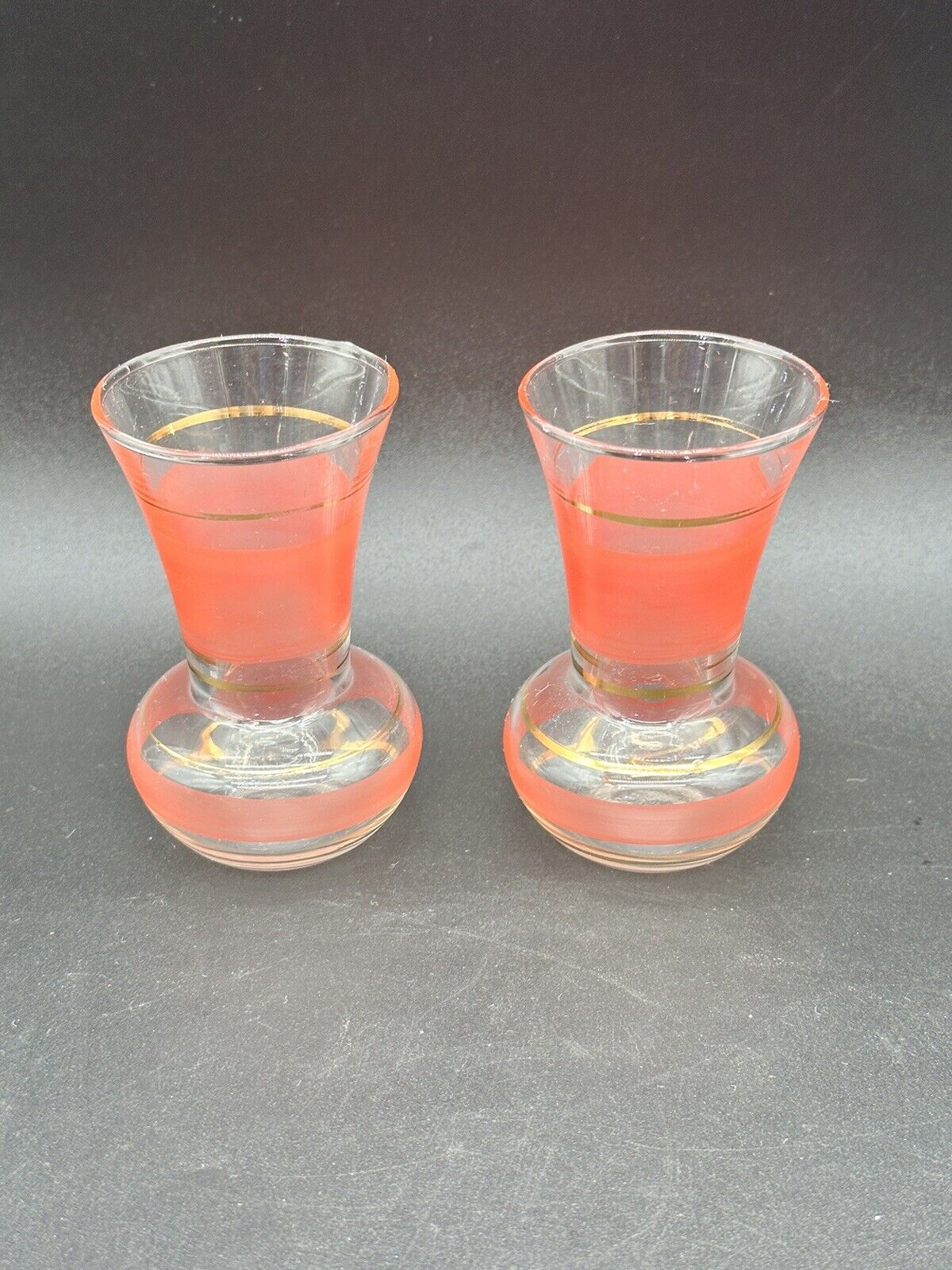 2 Vintage 1950s Bartlett Collins Glass Bud Vase Coral Pink Frosted Gold Rim 4in