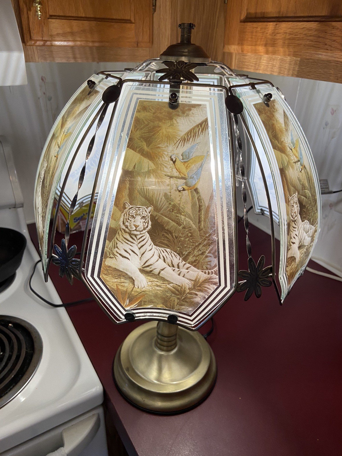 Vintage OK Lighting Touch Lamp White Tiger Parrot 3 Way Glass Panels MCM 6 Panel