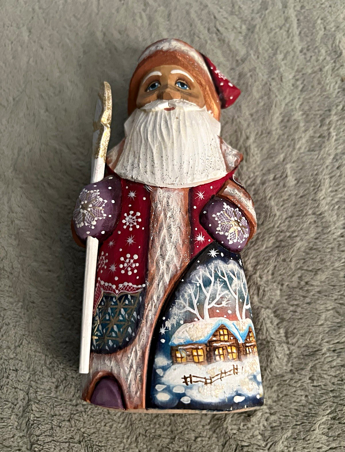 Hand-Painted Wood Russian Santa Figurine Signed/Numbered 6 1/2 in. Multicolor.