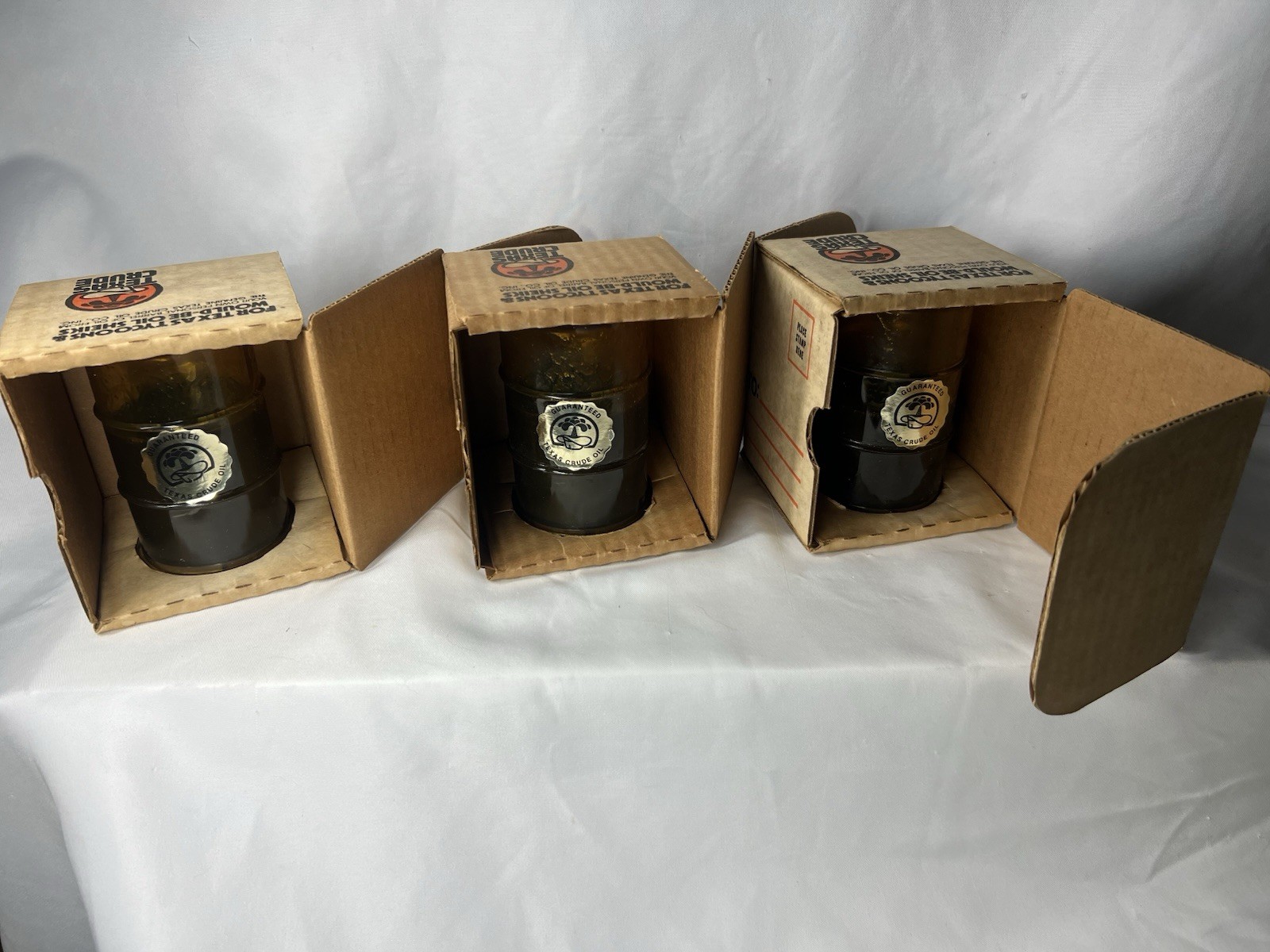 Lot of 3 Texas Crude Oil Vintage Souvenir Mini Barrel Bottles w/ Boxes & Inserts