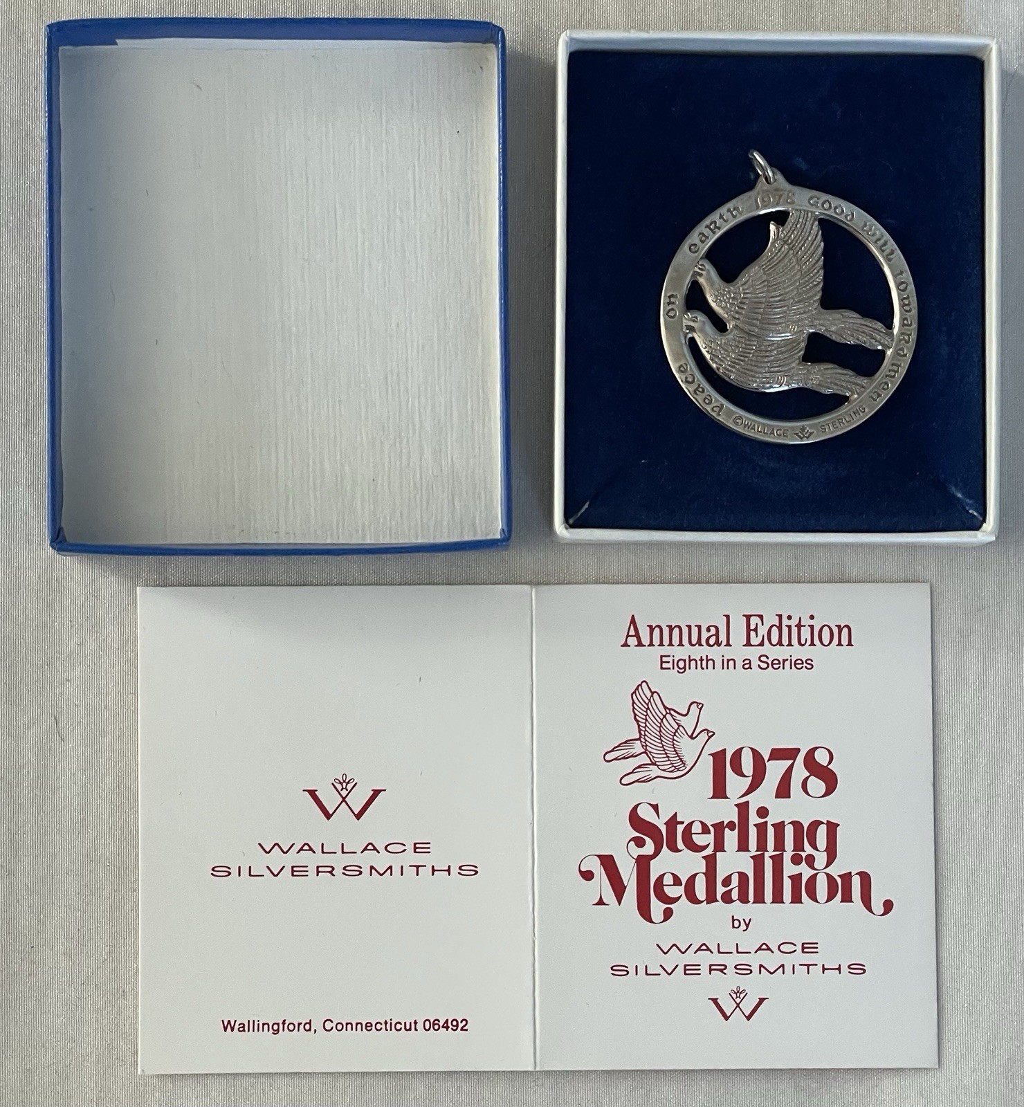 1978 Wallace Sterling PEACE DOVES  Medallion 8tht Edition